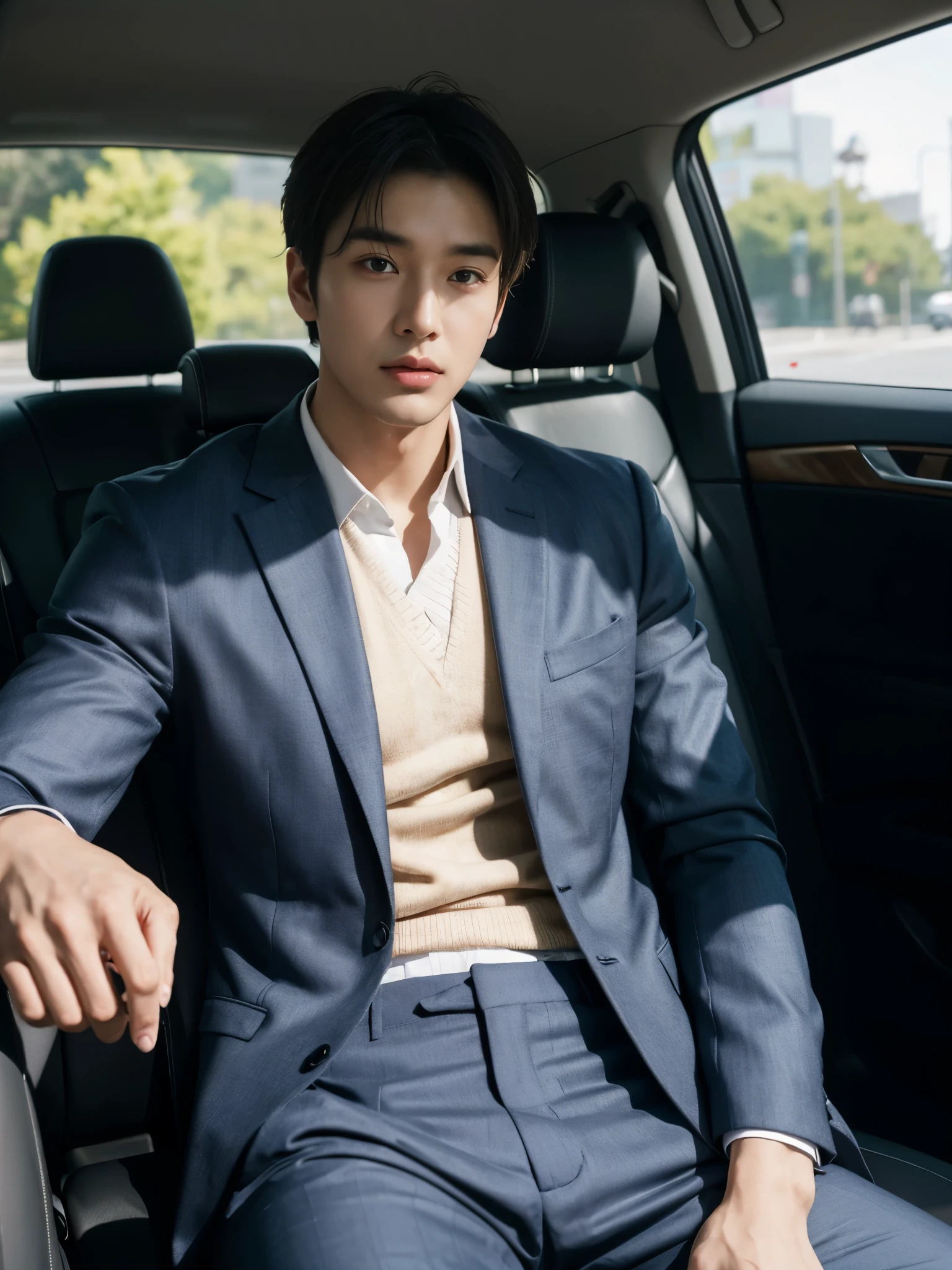 arafed man sitting in a car with his hands on his lap, siwoo kim, handsome chad chin, handsome man, hyung tae, photoshoot, handsome and attractive, handsome, ryan jia, handsome and elegant, wearing a worn out brown suit, jonny wan, handsome male, official photos, jia, joongwon charles jeong, ji-min, jinyoung shin