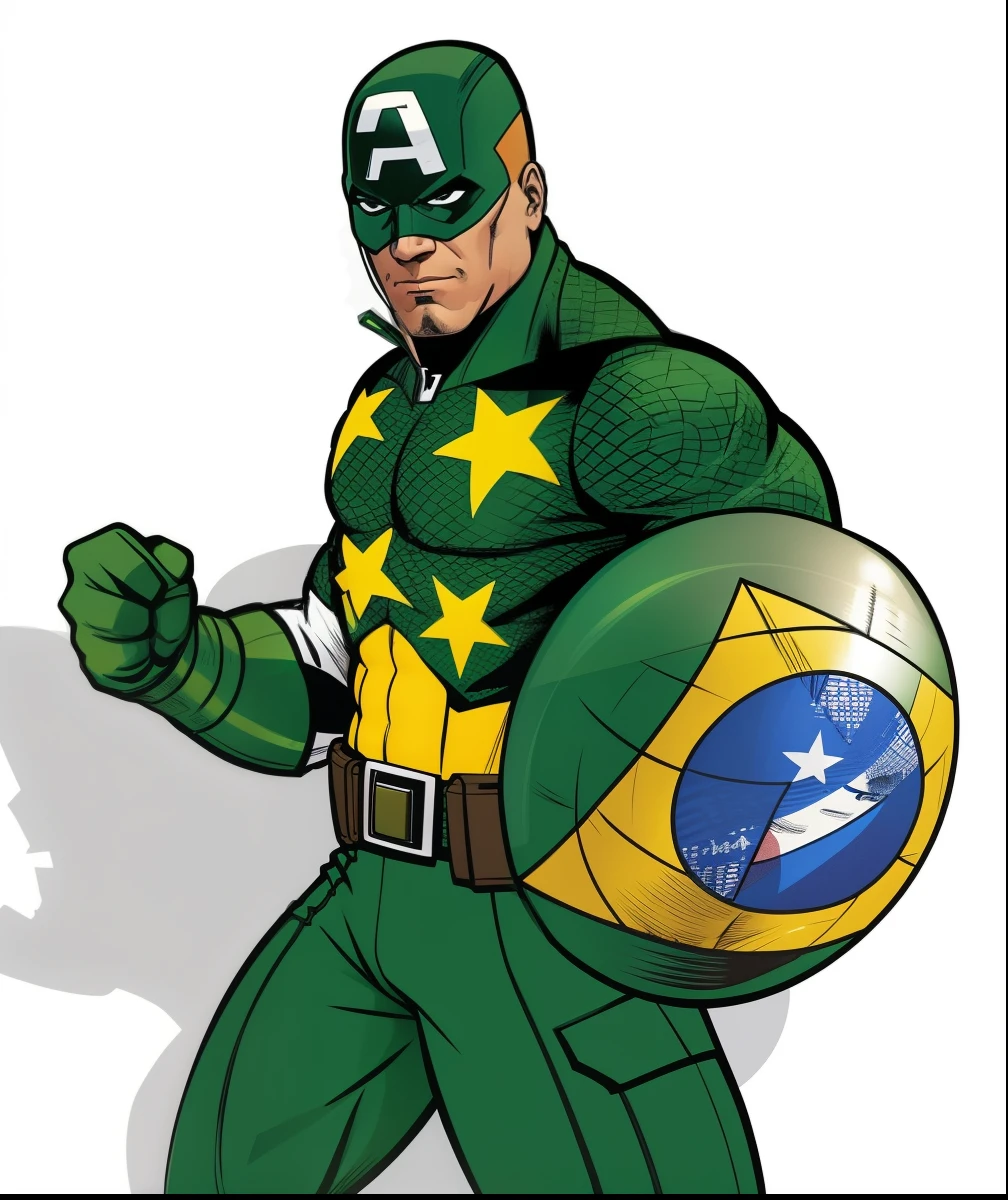 um desenho de um homem de terno verde segurando uma bola, Puerto Rican superhero, Jayson Tatum as a heroic guerrilla, Joe Biden como personagem de Jojo, inspirado em Stan Stokes, captain falcon, Philip Jimenez, por Felipe Device, shrek as captain america, brasil, the strongest superhero, by Rodolfo Amoedo