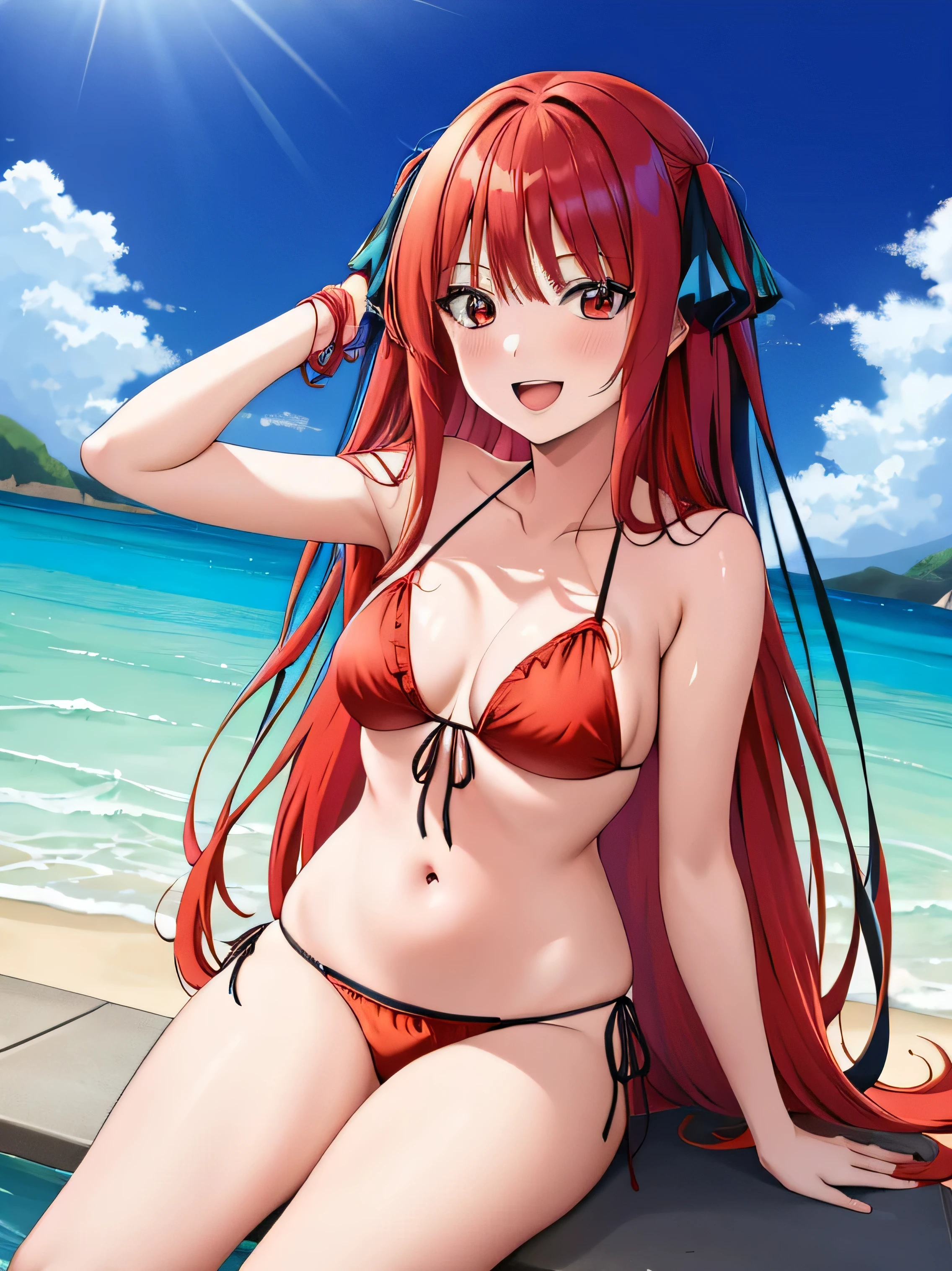 anime girl with red hair and blue eyes sitting on a window sill, seductive anime girl, anime best girls, (anime girl), attractive anime girl, cute girl anime visual, makeup gremory, beautiful anime girl, anime goddess, beautiful alluAlsog anime , beautiful anime woman, | fine detail anime, beautiful alluAlsog anime woman, Also, an anime girl, highest quality, ((masterpiece)), very detailed, blurred background, beach, water, splash,
1 girl, Houjou Kaori,
looking at the viewer, smile, open your mouth, from an angle, small bread eyes, black hair, long hair, straight hair, Stripped bikini, (red bikini:1.4),nakano nino,smile at you