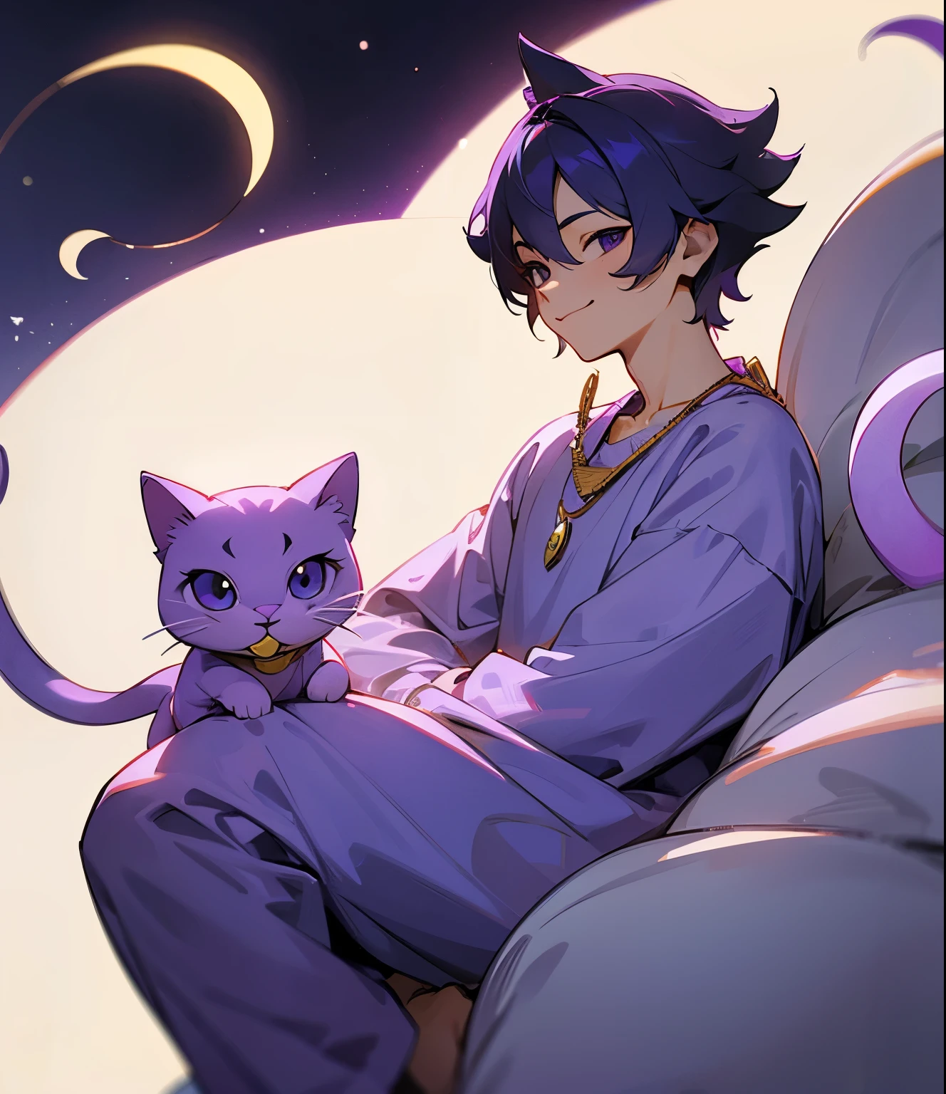 Purple Cat,crescent moon necklace,long tail,Smiling facial expression with mouth visible,black eyes,Pajamas Draw a boy animation character using this keyword.