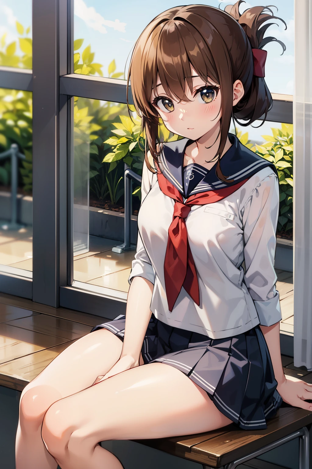 highest quality、All limbs、full finger、Slender beauty、straight hair、brown hair、long hair、barefoot、dark blue socks、sailor suit、dark blue mini skirt、beautiful big breasts、standing、sexy pose、school playground、unwell、hyperpyrexia、(masterpiece, best quality:1.2),illustration,8k,hd,1girl,solo,upper body,(portrait:1.2),brown_hair,folded_ponytail,brown_eyes,serafuku,long_hair,school_uniform,skirt,pleated_skirt,