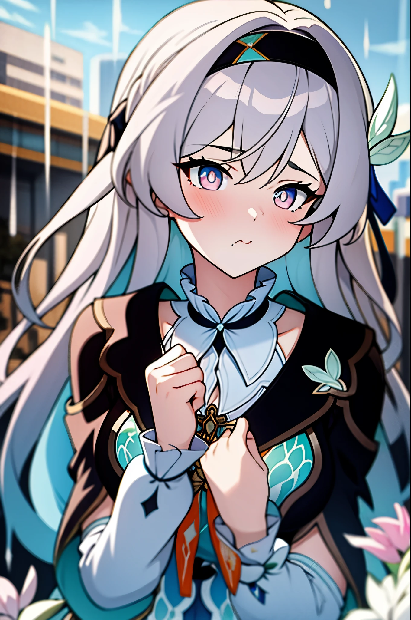 (masterpiece, best quality:1.2), 1 girl,Blue-pink gradient pupils,Brown and light teal,silver long hair,White,sit,Look at the audience,(((rain)))(((soaking wet)))(((bunch of flowers)))(pout)pout