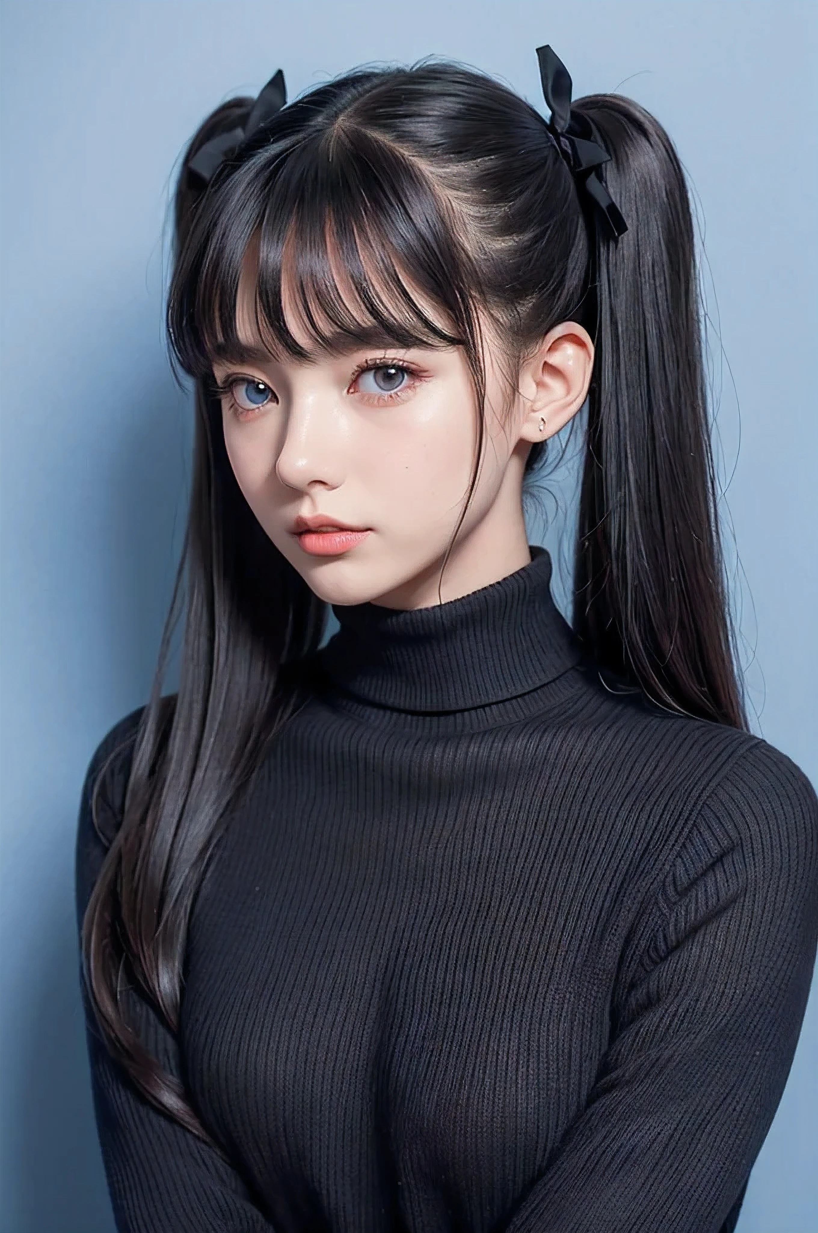 smile, 1 girl, tohsaka rin, alone, long hair, sweater, looking at the viewer, blue background, black hair, simple background, two side up, turtleneck, blue eyes, lips, mouth, ribbon, hair ribbon, bangs, turtleneck sweater, tie your arms behind your back, bent the arm, shibari cross chest boxtie, bondage bust, Upper body, parted bangs, black ribbon, ribbed sweater, twin tails, nose, expensive_solve, expensive quality,Moderate_chest_bondage,masterpiece