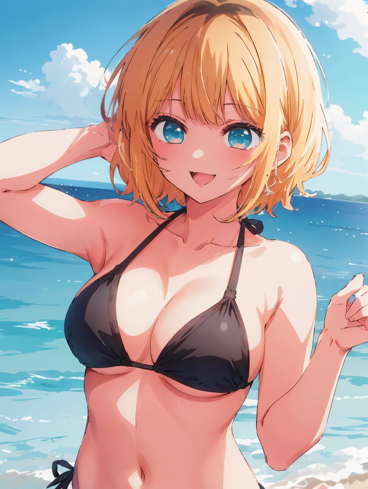 1 girl, memocho, blonde hair, blue eyes, dull bangs, short hair,(((anime style)))、(((2D)))、8K、smile、Close-up、Open your mouth、Black hair only on the head、(((big breasts)))、(((bikini)))、beach