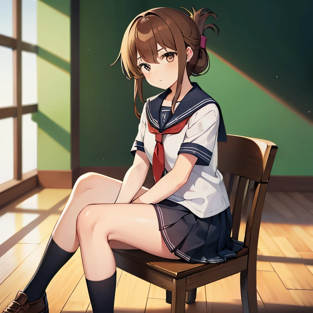 sit in a chair, Look to the right,I am not feeling well and am holding my knees while observing a class on the floor of the school gymnasium.,(masterpiece, best quality:1.2),illustration,8k,hd,1girl,solo,upper body,(portrait:1.2),brown_hair,folded_ponytail,brown_eyes,serafuku,long_hair,school_uniform,skirt,pleated_skirt,
