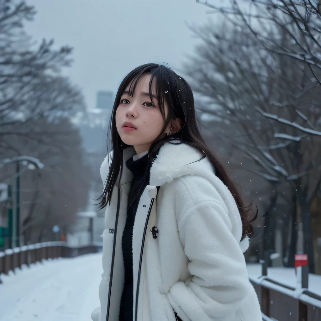 (8k, RAW photo, highest quality, masterpiece:1.2), (realistic, photo-realistic:1.4), (Highly detailed 8k wallpaper)18 year old looking up at the snow falling in Tokyo,Photo from above the waist,long hair.curly hair,white fleece jacket,black mini skirt.black long boots