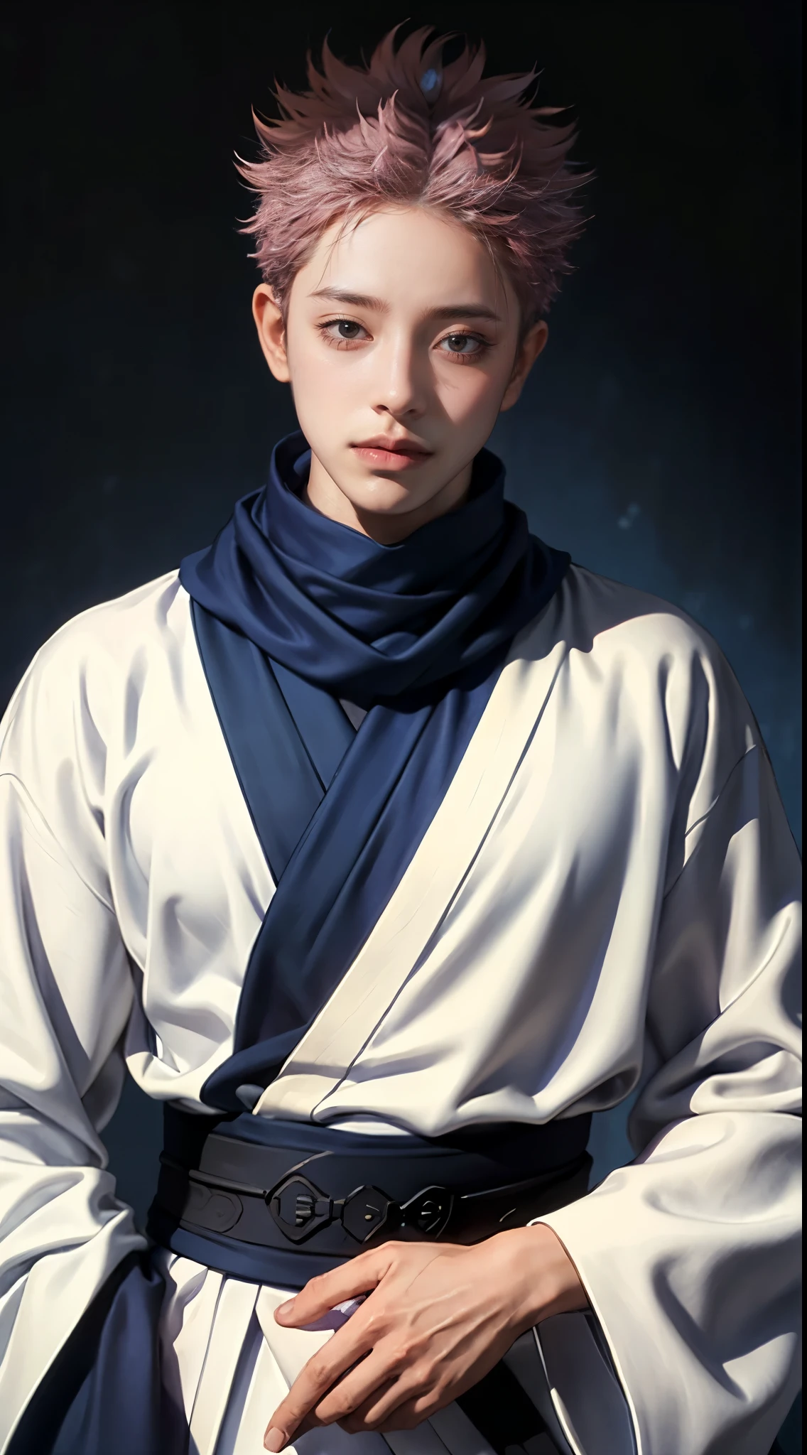 (RyomenSukuna),1man, blue scarf, japanese clothes, white kimono, wide sleeves, long sleeves, obi, tabi, zouri, upper body, ((solo)), 1man, detailed face, intricate eyes, film grain