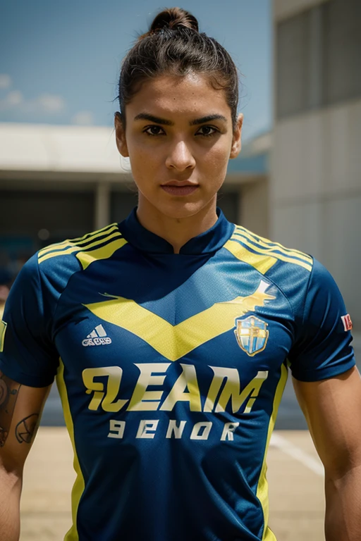 Develop an innovative and stylish football shirt design for the fictional team "Squadra Thunder". A camisa deve ser vibrante e moderna, with graphic elements that represent energy and agility. Use a bold color combination, como azul, amarelo e branco, para criar um visual impactante. Add geometric or abstract patterns that convey dynamism and team unity. Inclua o logo da equipe "Squadra Thunder" in a visible and attractive way, incorporando elementos relacionados ao futebol de maneira criativa. The final design should reflect the team's unique personality and competitive spirit, garantindo que a camisa se destaque no campo e conquiste os torcedores.
