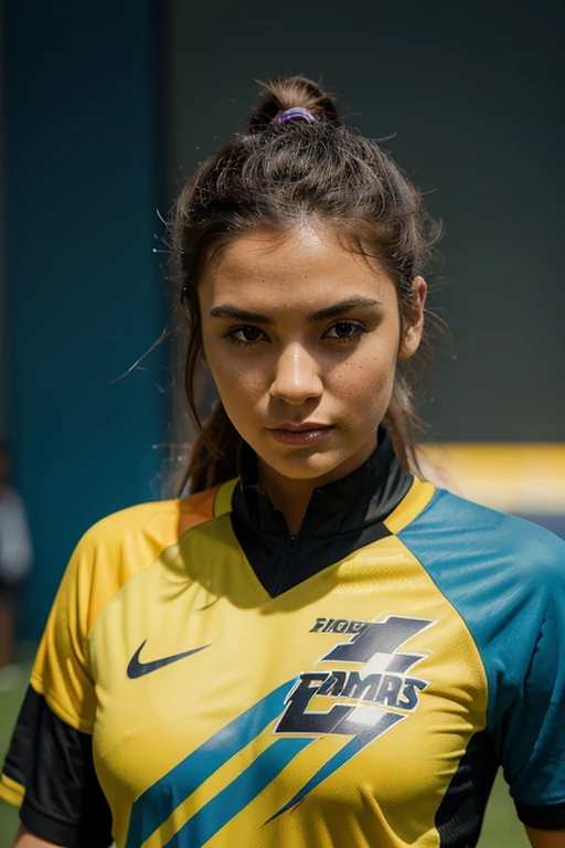 Develop an innovative and stylish football shirt design for the fictional team "Squadra Thunder". A camisa deve ser vibrante e moderna, with graphic elements that represent energy and agility. Use a bold color combination, como azul, amarelo e branco, para criar um visual impactante. Add geometric or abstract patterns that convey dynamism and team unity. Inclua o logo da equipe "Squadra Thunder" in a visible and attractive way, incorporando elementos relacionados ao futebol de maneira criativa. The final design should reflect the team&#39;s unique personality and competitive spirit, garantindo que a camisa se destaque no campo e conquiste os torcedores.
