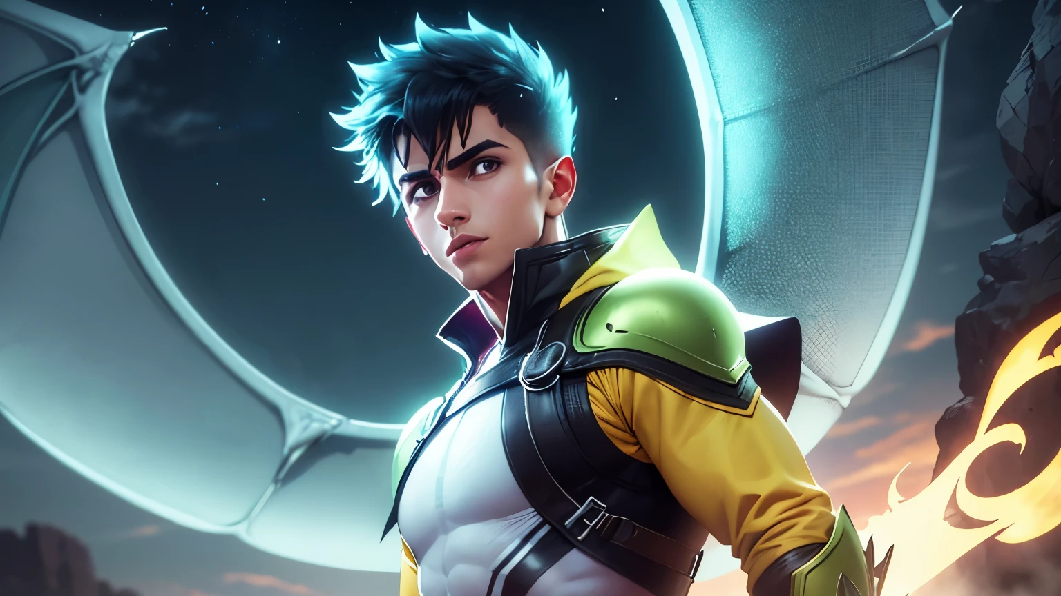 (best quality,highres,ultra-detailed,4k:1.2),foto de cuerpo entero, 17-year-old superhero,dragon-inspired costume, vibrant yellow and lime green(colorful,eye-catching),in the northern sky,displaying immense powers,attractive handsome spanish boy,sexy outfit, hot boy, con las alas de dragon abiertas en la espalda, fondo con fuego y llamas