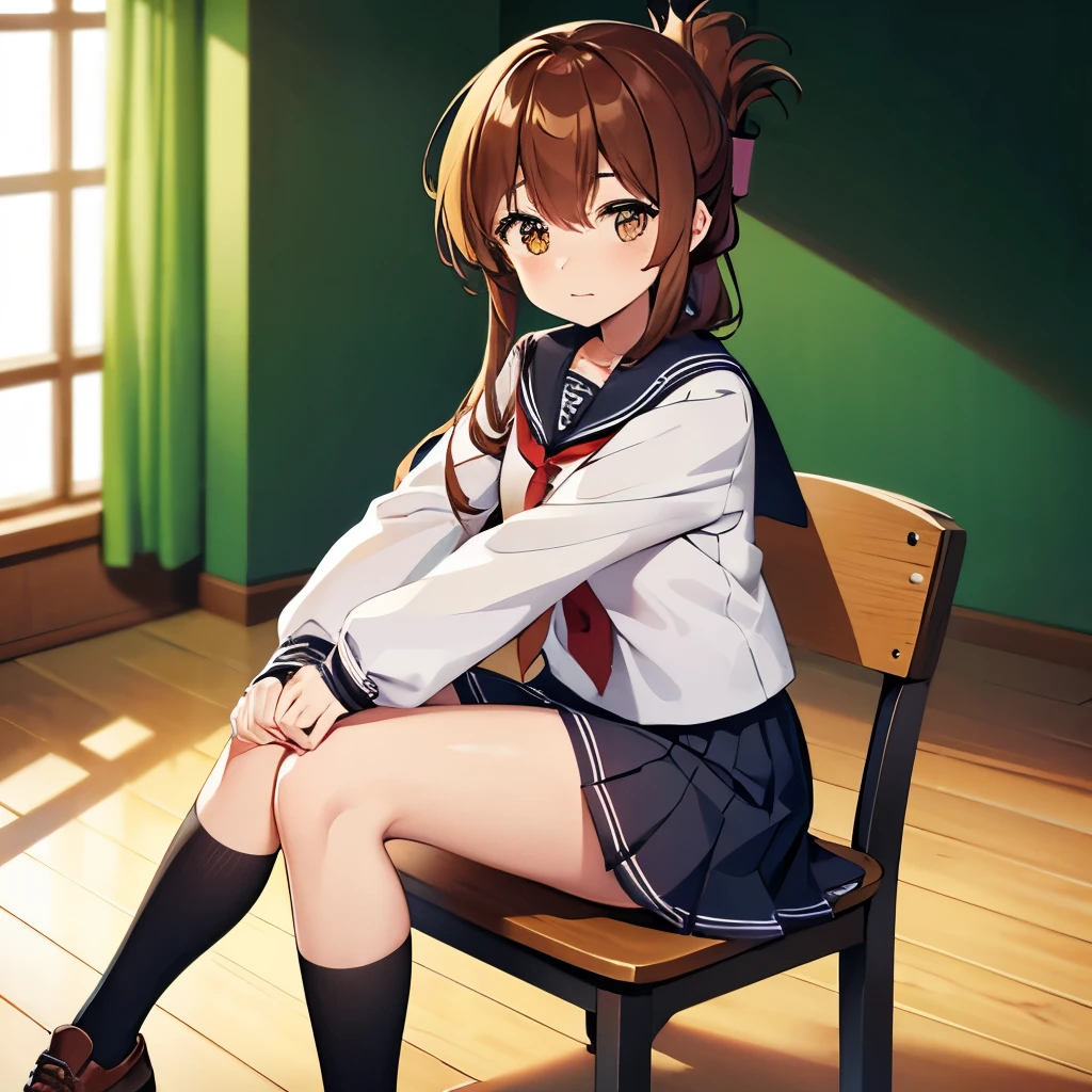 sit in a chair, Look to the right,He was observing a class on the floor of the school gymnasium, unwell, with a fever and a red face, hugging his knees.,(masterpiece, best quality:1.2),illustration,8k,hd,1girl,solo,upper body,(portrait:1.2),brown_hair,folded_ponytail,brown_eyes,serafuku,long_hair,school_uniform,skirt,pleated_skirt,