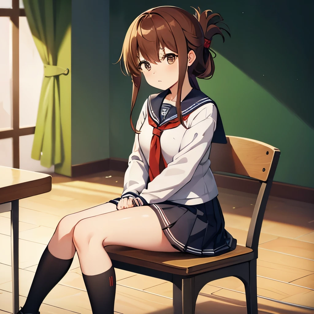  sit in a chair, Look to the right,He was observing a class on the floor of the school gymnasium, unwell, with a fever and a red face, hugging his knees.,(masterpiece, best quality:1.2),illustration,8k,hd,1girl,solo,upper body,(portrait:1.2),brown_hair,folded_ponytail,brown_eyes,serafuku,long_hair,school_uniform,skirt,pleated_skirt,