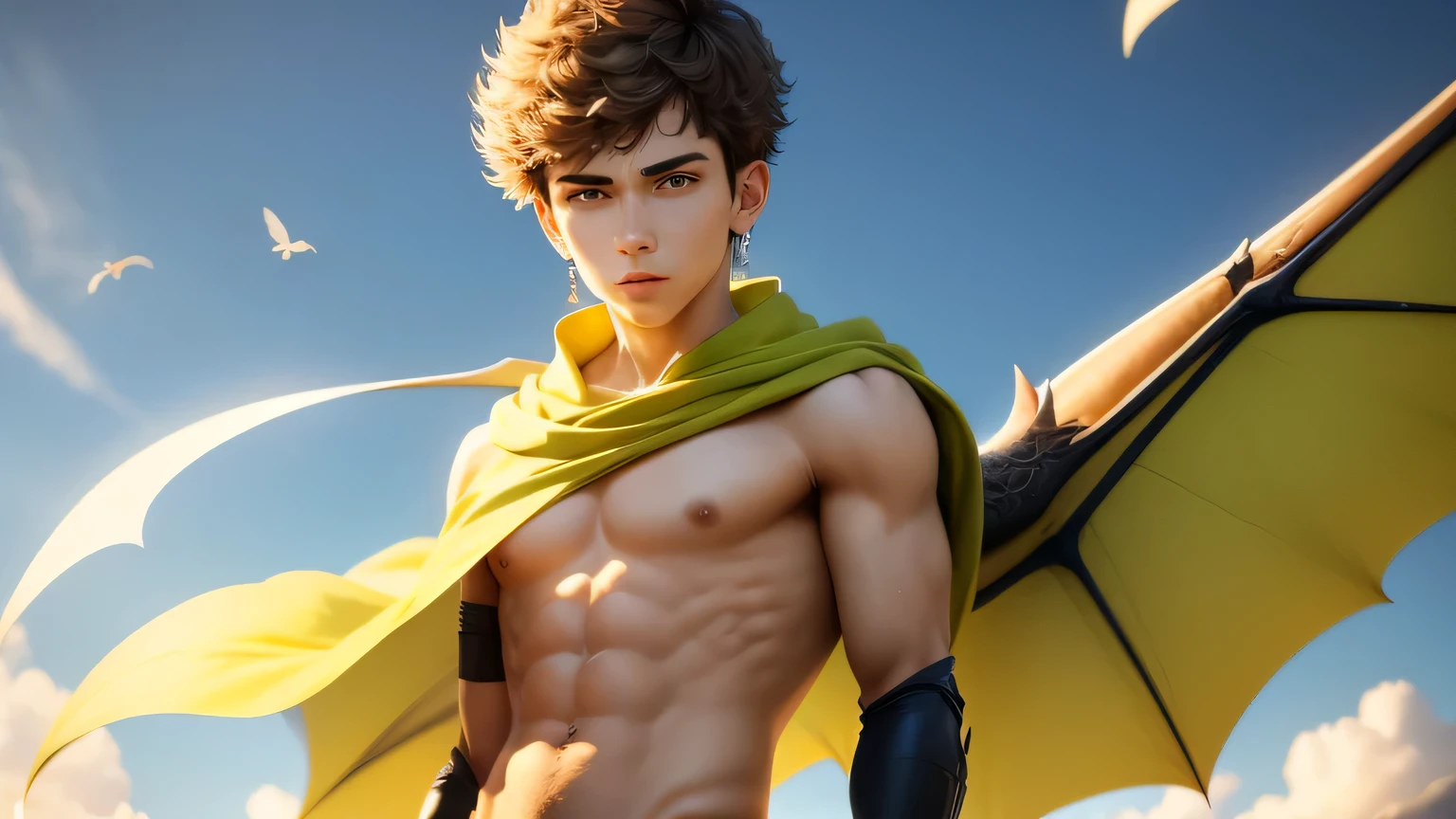 (Mejor calidad,high resolution,ultra detallado,4k:1.2),foto de cuerpo entero, 17 year old superhero,muestra cuerpo completo, Spanish boy, cuerpo delgado, muestra parte de su cuerpo en el traje, cuerpo definido, dragon inspired costume, amarillo vibrante y verde lima(vistoso,llamativo),en el cielo del norte,mostrando inmensos poderes,attractive handsome Spanish boy,traje sexy, Good uncle, con las alas de dragon abiertas en la espalda, fondo con fuego y llamas