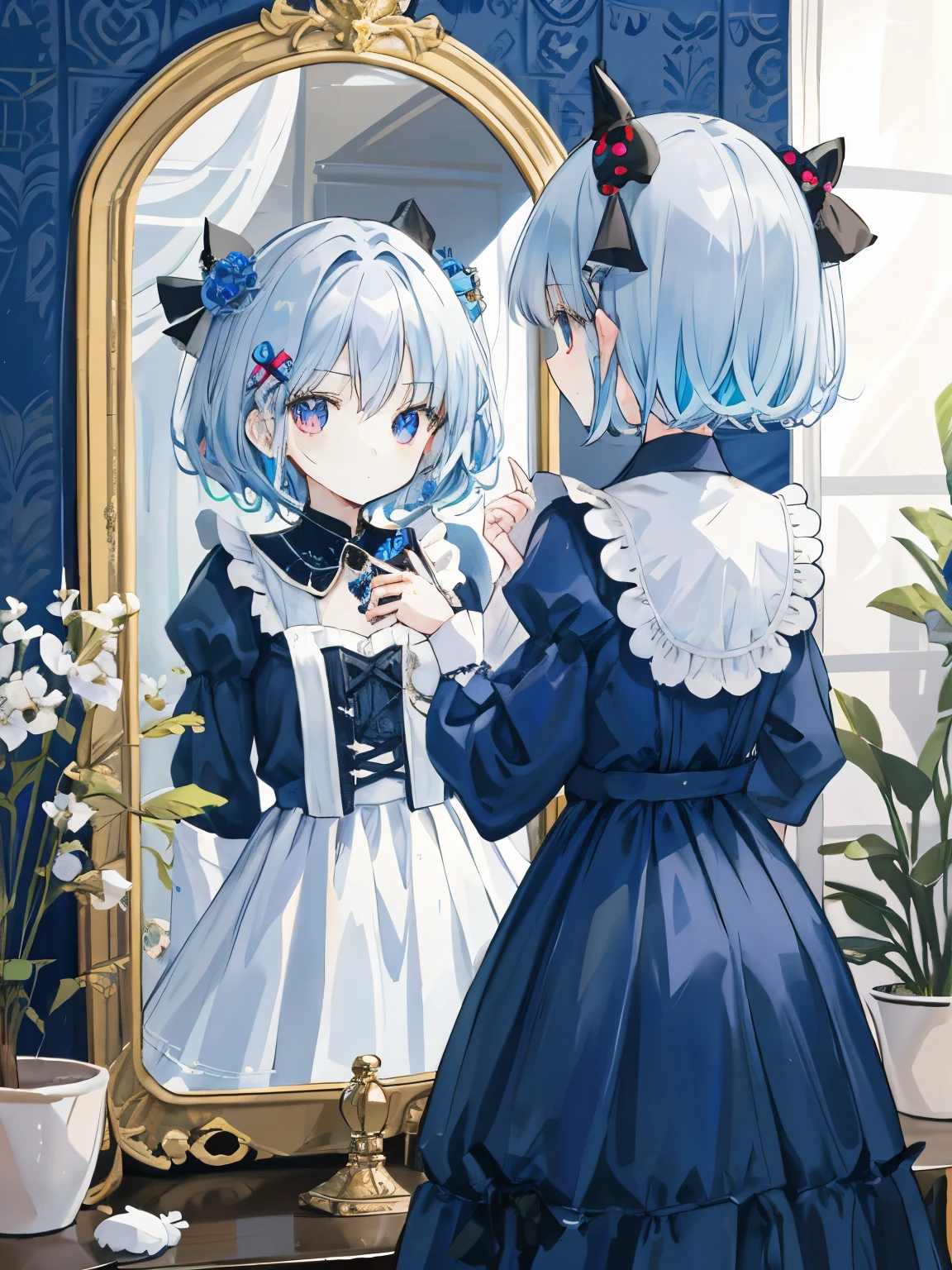 put your hand on the mirror、two contrasting people、Girl in the mirror and girl looking in the mirror、look at each other、mysterious、Depth of the bounds written、The girl in the mirror has red eyes、The girl looking in the mirror has blue eyes、short hair、gray hair、magic、fantasy、witch&#39;s costume、Detailed decoration、Small Gems、intricate hair ornament