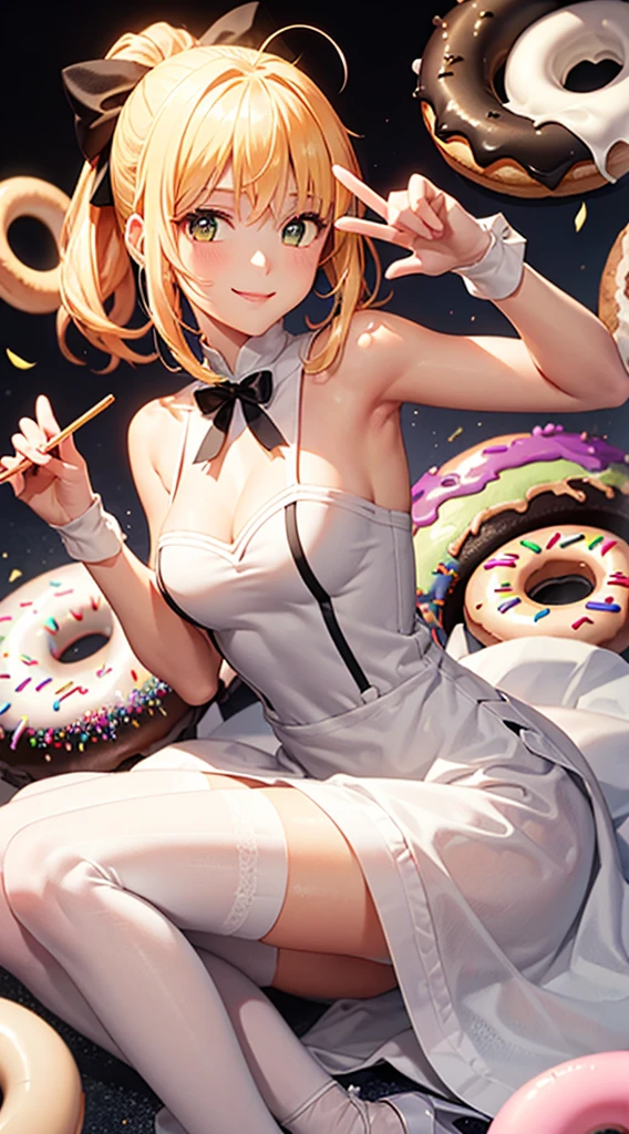 masterpiece,anime style,girl,white dress,((Big donuts)),smile,(sweets background),(sweets theme),Decisive pose