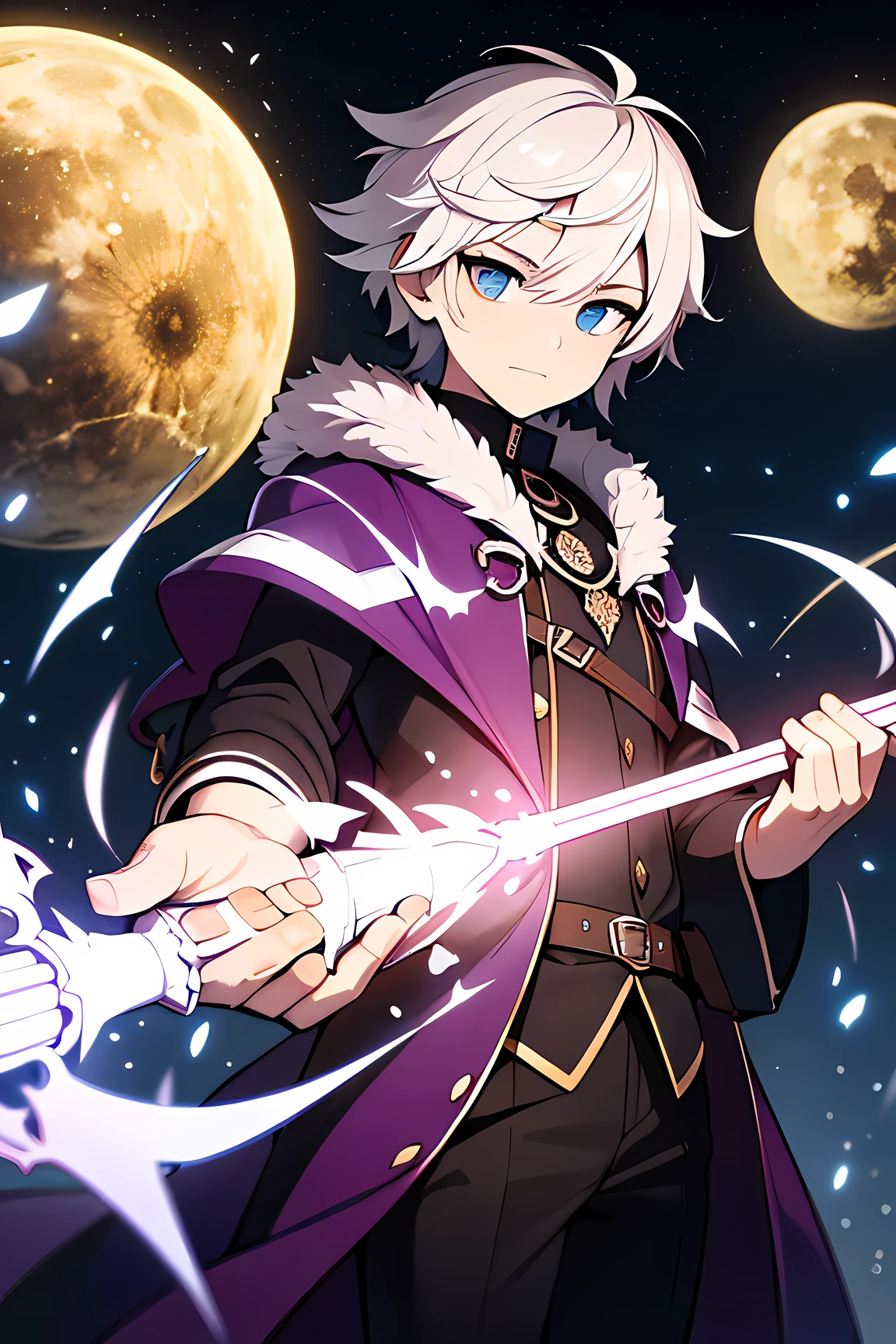 ((master piece)), best quality, (8k, best quality, masterpiece:1.2), ultra-detailed, illustration, starry sky, 1man, mage, flowing leather robes, pure white hair, casting meteor spell, magic staff