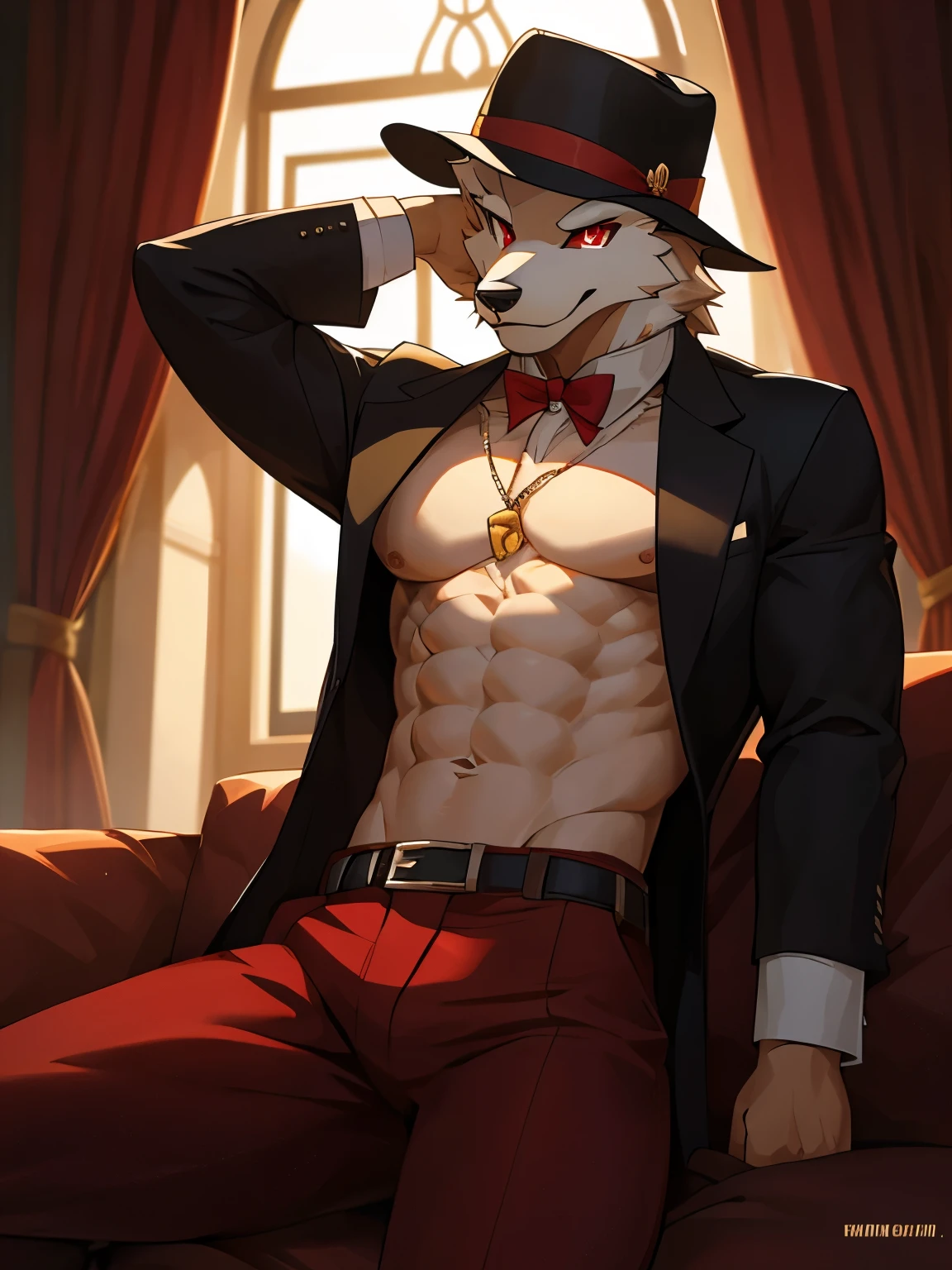 a muscular male anthro wolf with red fur, gold markings, and red eyes, seductive look, undressing, (best quality,4k,8k,highres,masterpiece:1.2),ultra-detailed,(realistic,photorealistic,photo-realistic:1.37),detailed facial features,extremely detailed eyes and face,detailed muscular body,red hair,anthro,frontage,hot