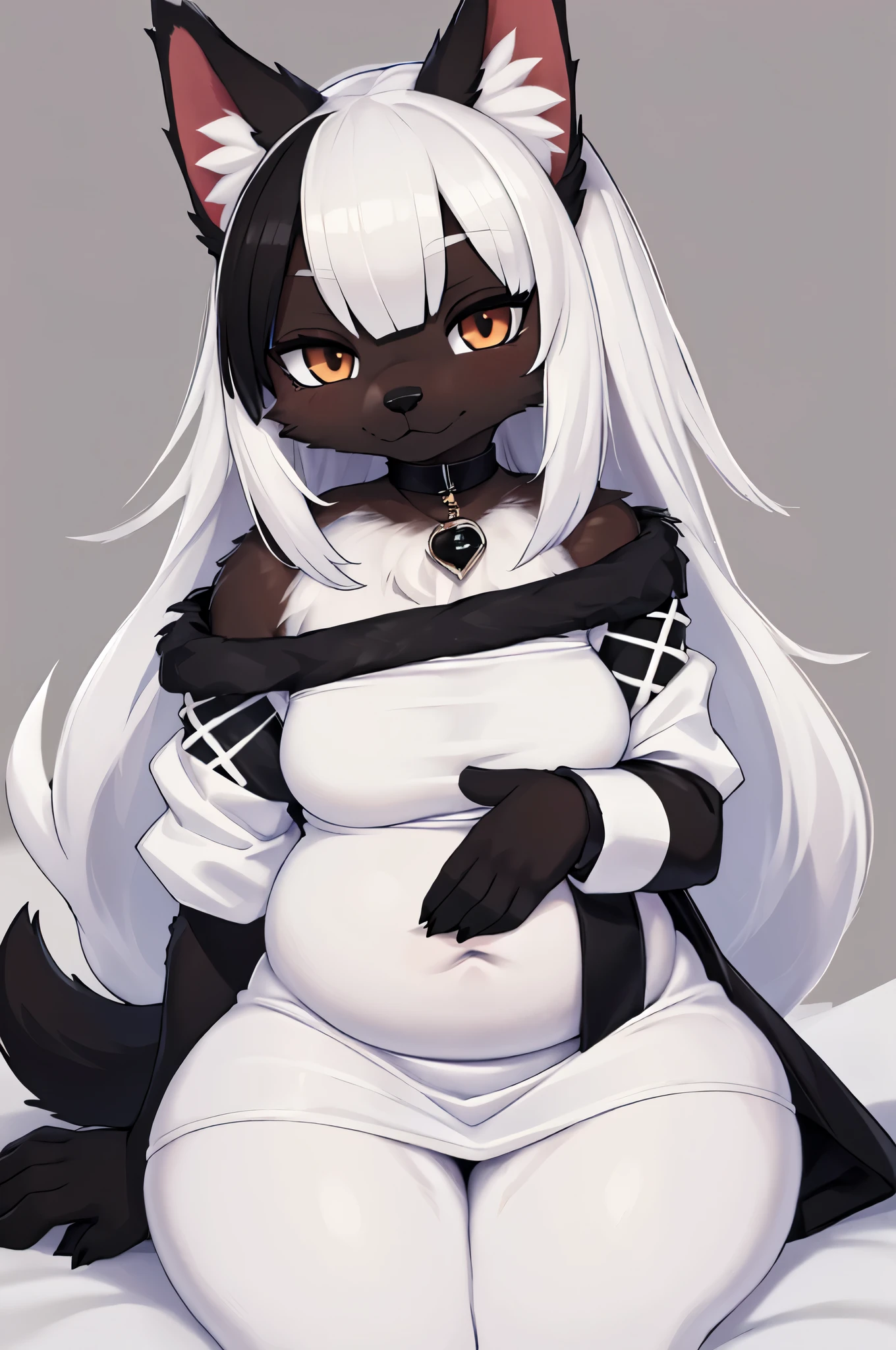 (a young black female wolf furry), black fur, short muzzle, cat-like face, white furs from muzzle to between the eyebrows, white furs on belly, white furs on hand and legs, long white hair, brown eyes, kemomo, big tummy, young, one-pieced dress, chibi, little, cute background