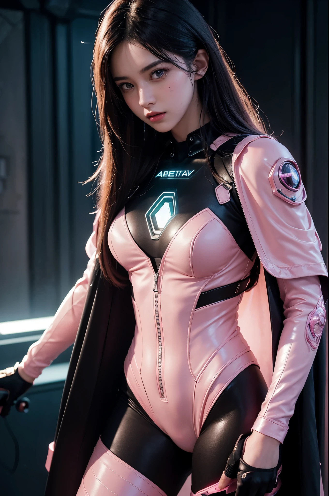 ((Best quality)), ((masterpiece)), (detailed:1.4), 3D, an image of a beautiful cyberpunk female with a cape, HDR (High Dynamic Range),Ray Tracing,NVIDIA RTX,Super-Resolution,Unreal 5,Subsurface scattering,PBR Texturing,Post-processing,Anisotropic Filtering,Depth-of-field,Maximum clarity and sharpness,Multi-layered textures,Albedo and Specular maps,Surface shading,Accurate simulation of light-material interaction, Pink Neon suit, Perfect proportions,Octane Render,Two-tone lighting,Wide aperture,Low ISO,White balance,Rule of thirds,8K RAW,