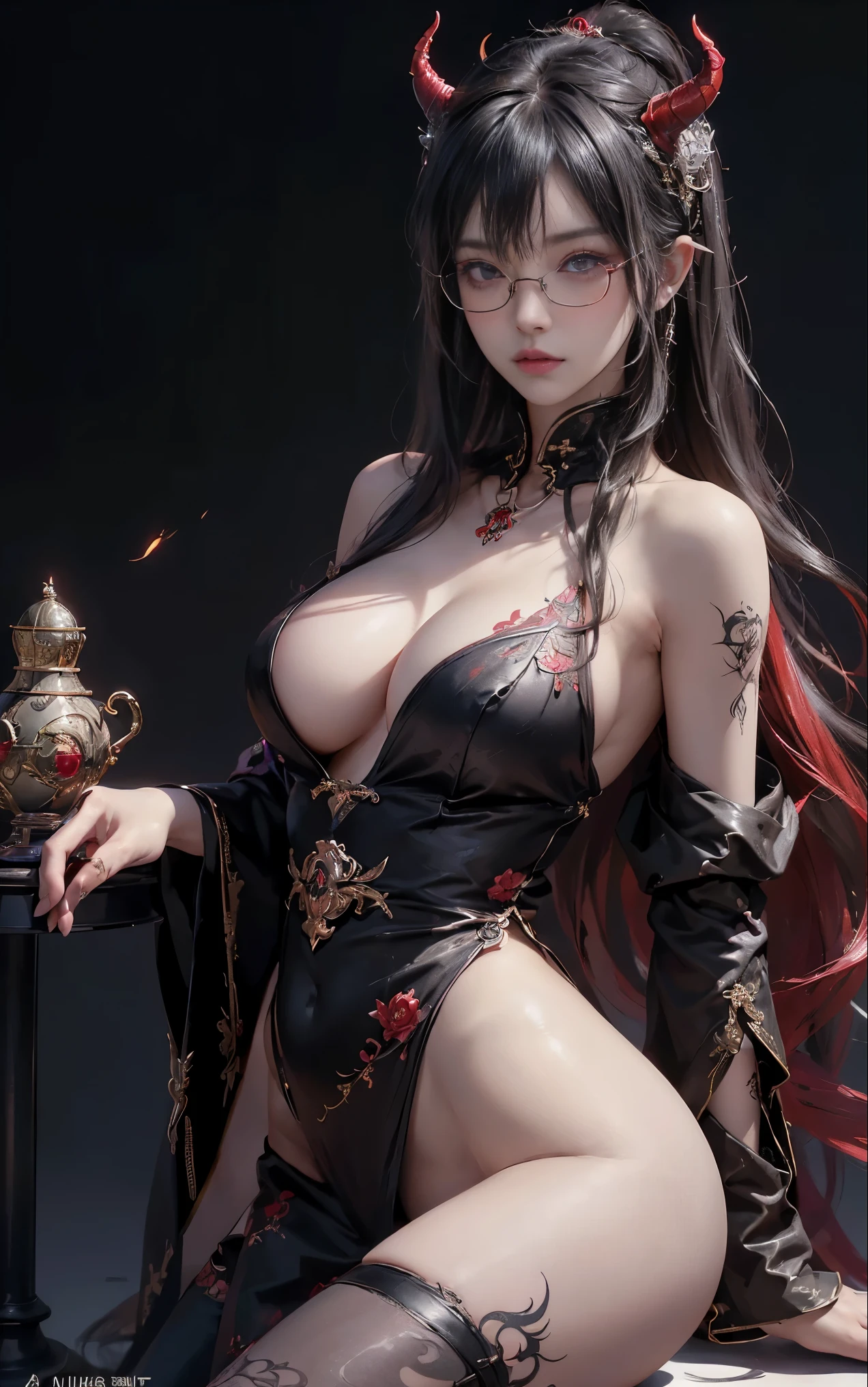 got itですかですか、(best illustrations)、8k UHD resolution、intricate details、highest quality、realistic、Super detailed、best lighting、best shadows、soft lighting、Ultra HD、超realistic、Tyndall effect、Photoreal、(high detail skin:1.2)、 (intricate details, compensate, face to face with the children_v1:0.5), (got it, beautiful and delicate face, got itですか, beautiful and delicate eyes, perfectly proportioned face, high resolution skins, fine skin, Optimal ratio of 4 fingers and 1 thumb, arm under chest, red tattoo on lower abdomen、Wow wow, wide hips, smooth abdomen, thin and thin skin, __fashion__, __hair__:1.25)、Digital single-lens reflex camera、 absurd、(table top: 1.3), (maximum resolution: 1.2), (Ultra HDTV: 1.2), cinematic light, fine eyes and skin, detailed facial features, , (sharp focus: 1.2）, (focus on the face:1.2),perfect style, beautiful face, acura, anatomically correct, Highly detailed face and skin texture, fine eyes, double eyelid, thin eyebrows, glitter eyeliner: 1 natural cheeks, Glossy skin, Fair skin: 1.2, (glossy lips: 1.4),(embarrassed look: 1.2),Highly detailed face and skin texture, fine eyes, double eyelid, natural cheeks,  glossy lips: 1.4,exposed cleavage、Bewitching。charm、 Beautiful devil woman from hell, Surreal female portraits by David Hockney and Alphonse Mucha, charm女性の肖像画、fantasy art, Chinese humanoid、chinese actress、dungeon、dragon、devil&#39;palace of、devil&#39;torture chamber、night、dark style 、in the dark、(detailed spooky background:0.8), magic、 1 girl、evil nun、dark necromancer、Succubus、devil&#39;Daughter of、Shinonome Umi、bat wings，(((devil&#39;Horn)))、 ((((giant glasses, otaku glasses, thick glasses, round glasses)))),(((big breasts)))、(devil&#39;tail)、(red eyesは光り輝いて:1.6)、red eyesは非常に鮮明で詳細です, your eyes are made up so beautifully, ((red eyes:1.0)),intricate tattoo, demonic intricate tattoo, tattoo on thigh, body tattoo, masterpiece、最もbeautiful face、baby face、cute smile、beautiful plump red lips、筋肉のcharm体、devilのcharm体、devil style、charmブラックマジックコスチューム、The long-haired、Braid、Black hair、Ponytail distortion、, Ponytail with a bow tied at the back of the hair, beautiful expression、body up、big breasts強調、bust,  super tight chest, Breast augmentation surgery, Breasts are very big and round,tight waist、wide ass、 secret key, cowboy lens, (black phoenix dress: 1.0),  devil crown,  red sparkling gemstone necklace、Jewelry G Wise,  Please wear black mesh socks,Wearing light red、nffsw, nffsw, meet beautiful girls, look at the girl&#39;body of,