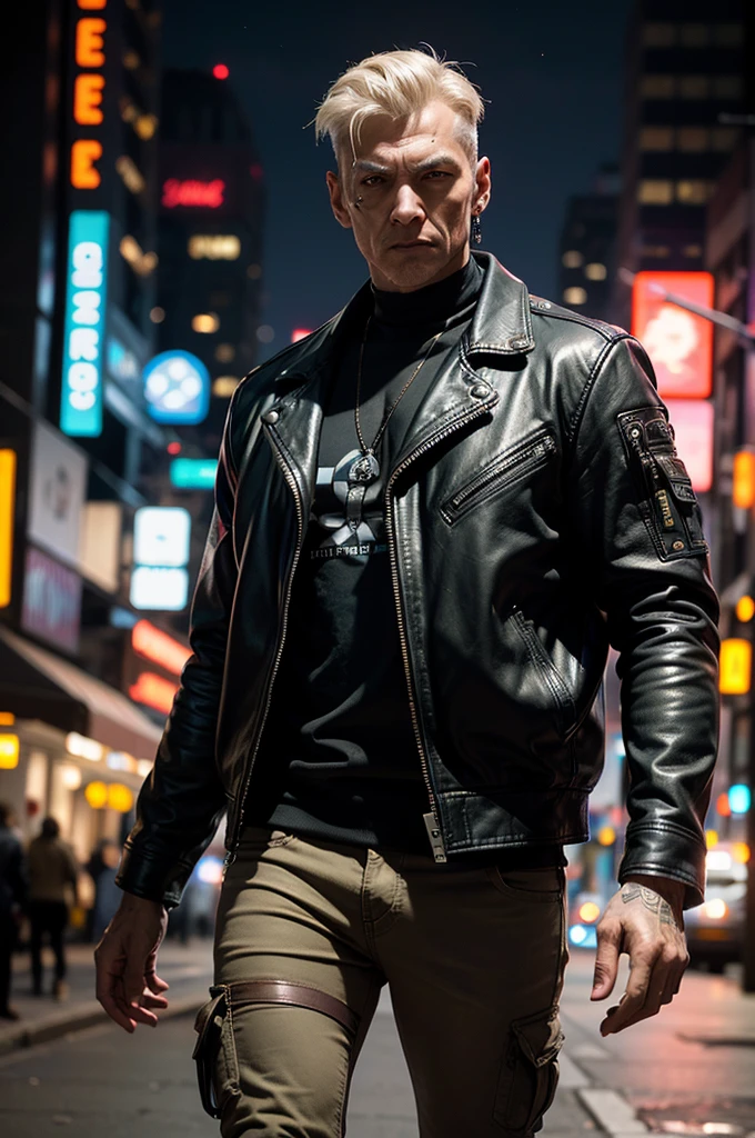 One man, old cyborg, male, cyberpunk style, robot, cyborg, mechanical head, mechanical implants on the body, gangster, mechanical rugs, leather jacket, khaki pants, night, street, city of the future, neon, cyberpunk style, bokeh, eye contact, looking at the viewer,  masterpiece, best quality, perfect detail, perfect face detail, perfect eye detail, perfect skin detail, depth of field, perfect lighting