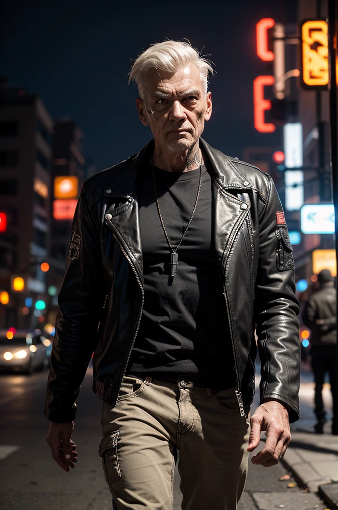 One man, old cyborg, male, cyberpunk style, robot, cyborg, mechanical head, mechanical implants on the body, gangster, mechanical rugs, leather jacket, khaki pants, night, street, city of the future, neon, cyberpunk style, bokeh, eye contact, looking at the viewer,  masterpiece, best quality, perfect detail, perfect face detail, perfect eye detail, perfect skin detail, depth of field, perfect lighting