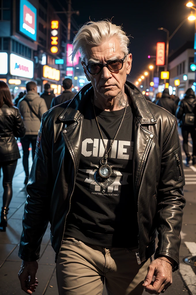 One man, old cyborg, male, cyberpunk style, robot, cyborg, mechanical head, mechanical implants on the body, gangster, mechanical rugs, leather jacket, khaki pants, night, street, city of the future, neon, cyberpunk style, bokeh, eye contact, looking at the viewer,  masterpiece, best quality, perfect detail, perfect face detail, perfect eye detail, perfect skin detail, depth of field, perfect lighting