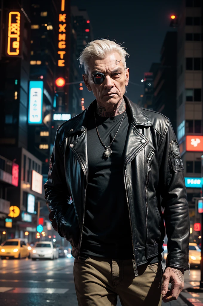 One man, old cyborg, male, cyberpunk style, robot, cyborg, mechanical head, mechanical implants on the body, gangster, mechanical rugs, leather jacket, khaki pants, night, street, city of the future, neon, cyberpunk style, bokeh, eye contact, looking at the viewer,  masterpiece, best quality, perfect detail, perfect face detail, perfect eye detail, perfect skin detail, depth of field, perfect lighting