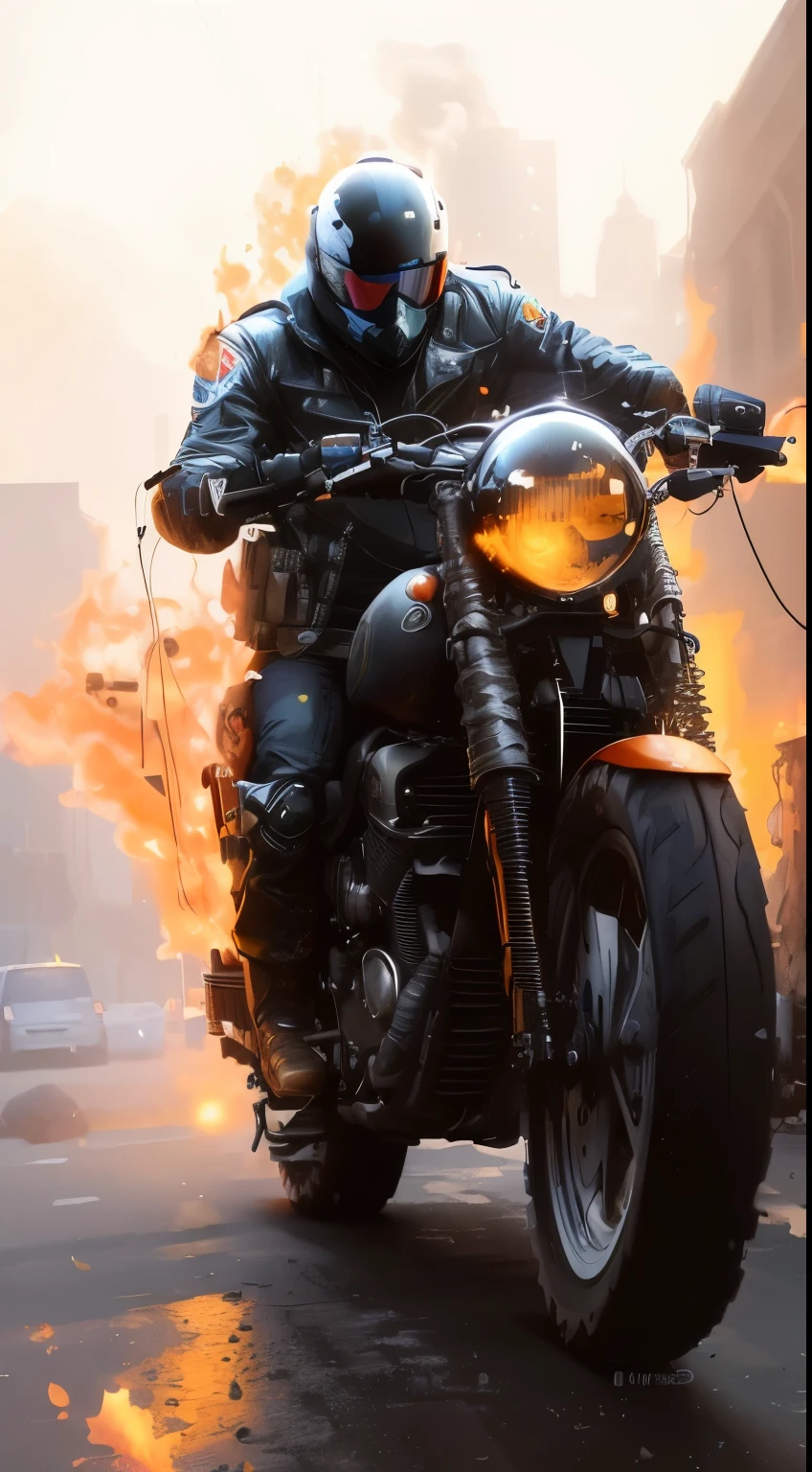 homem arafiado andando de moto com chamas na rua, MOTOQUEIRO FANTASMA, trends on Artstation.', octano. trends on Artstation, as trends on Artstation, badass composition, octano trending on cgsociety, 8k altamente detalhado ❤🔥 🔥 💀 🤖 🚀, por James Gurney, e Mumford. octano render, inspired por James Gurney