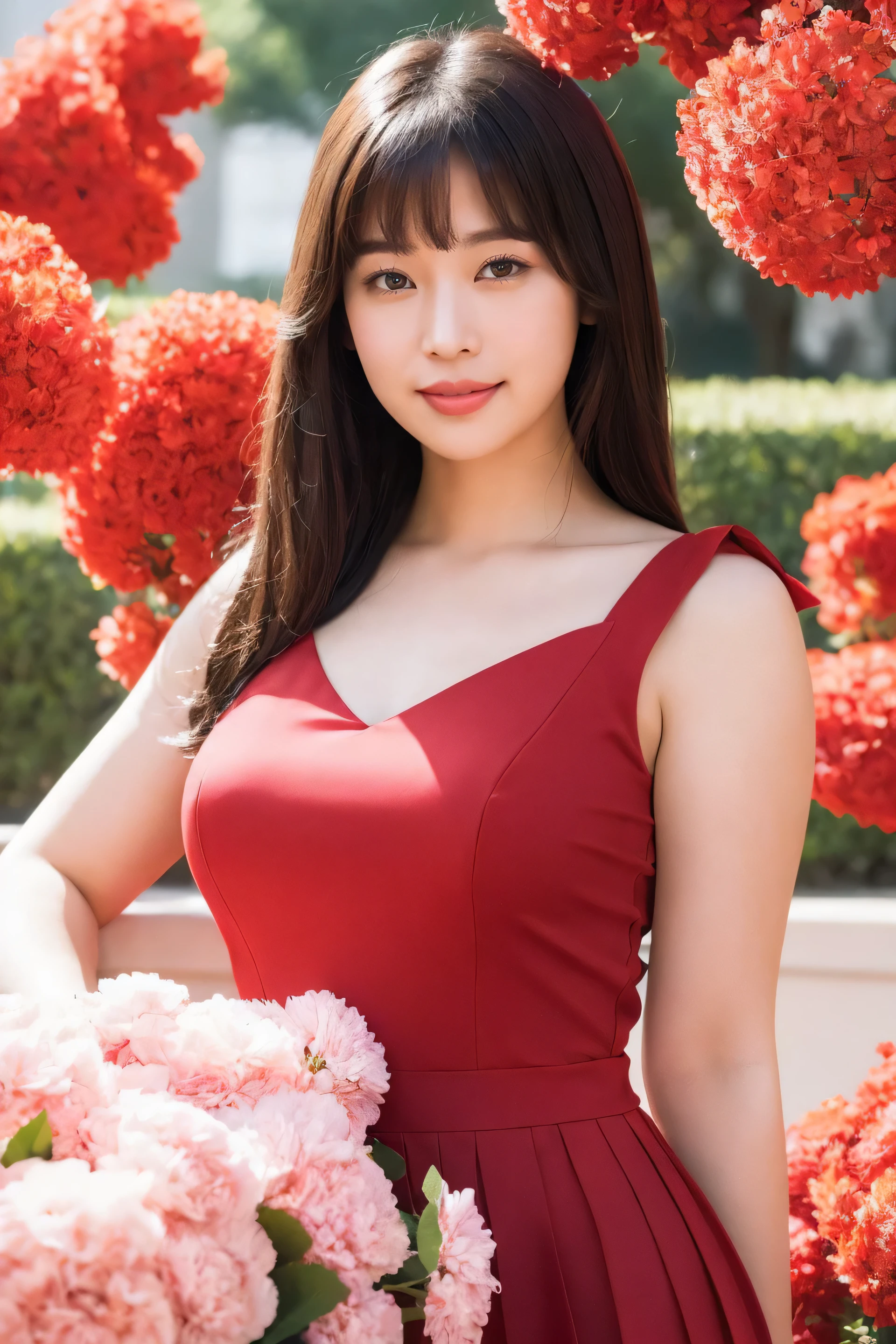 medium view, medium shot, written boundary depth, bust, Upper body, cinematic angle, masterpiece, highest quality, Super detailed, CG, 8k wallpaper, beautiful face, delicate eyes, maiden, alone, smile, bangs, skirt, shirt, have, deep red dress, bow, petal, bouquet