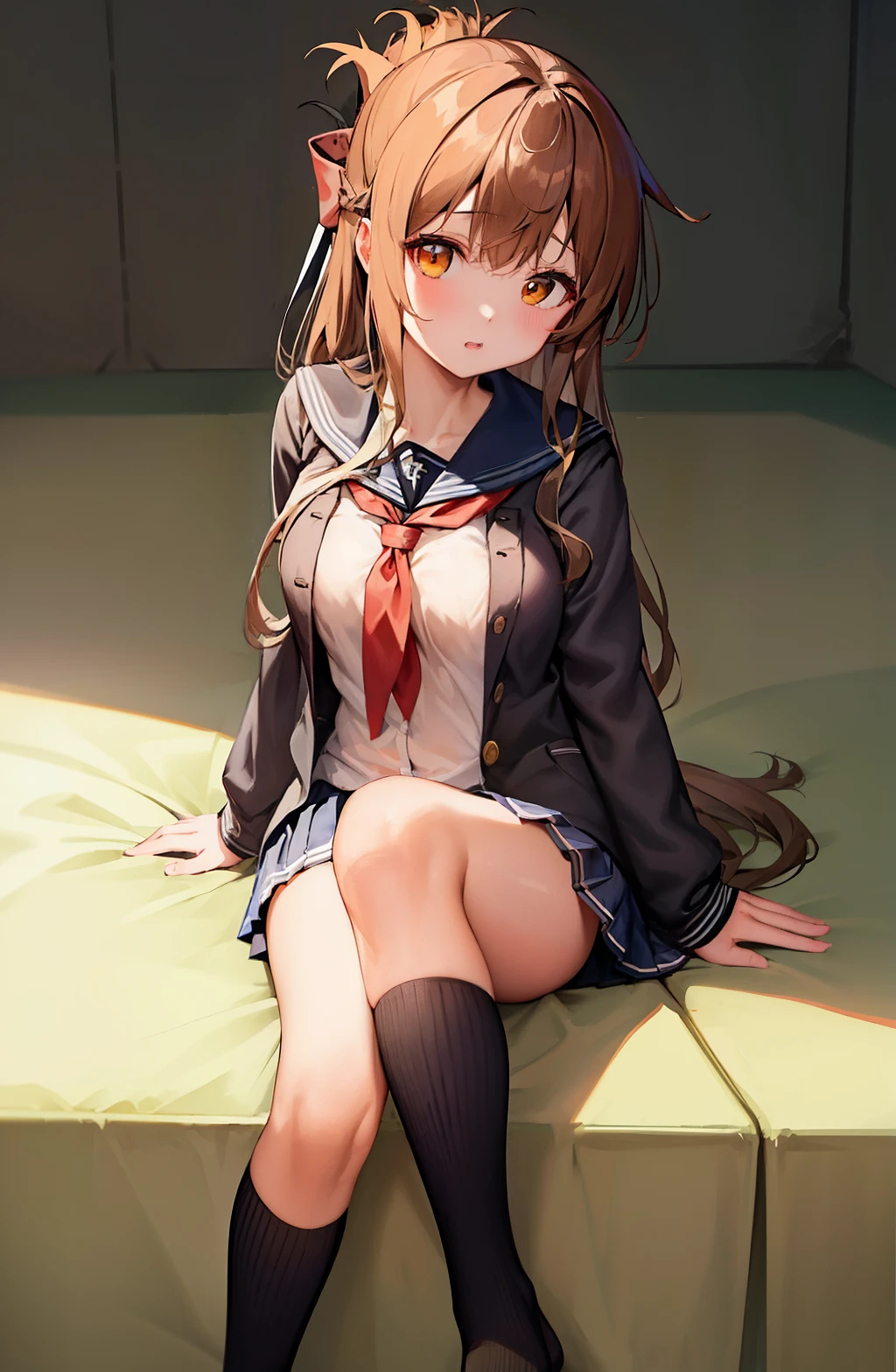 highest quality、All limbs、full finger、Slender beauty、straight hair、brown hair、long hair、barefoot、dark blue socks、sailor suit、dark blue mini skirt、beautiful big breasts、standing、sexy pose、school playground、unwell、(masterpiece, best quality:1.2),illustration,8k,hd,1girl,solo,upper body,(portrait:1.2),brown_hair,folded_ponytail,brown_eyes,serafuku,long_hair,school_uniform,skirt,pleated_skirt,