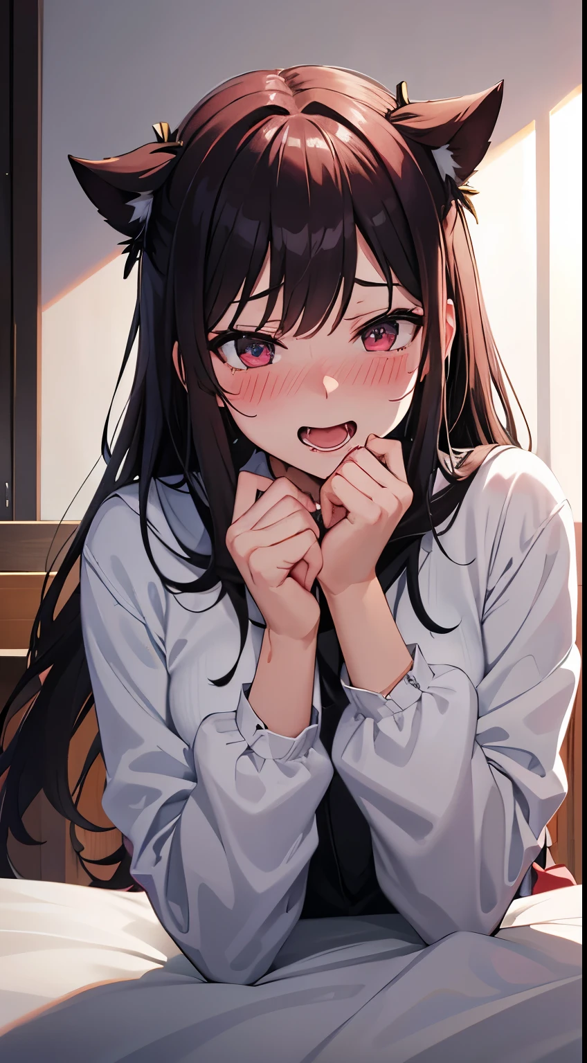 evil smile, blush, embarrassed, saliva, open mouth, nervous, ear blush, tsundere, drooling, naughty face, naughty, saliva trail, red lips, light blush, nose blush, oral invitation, drunk, tongue, anime style, 8k, super detail, ccurate, best quality, liegt auf dem bett, zwei seiten oben