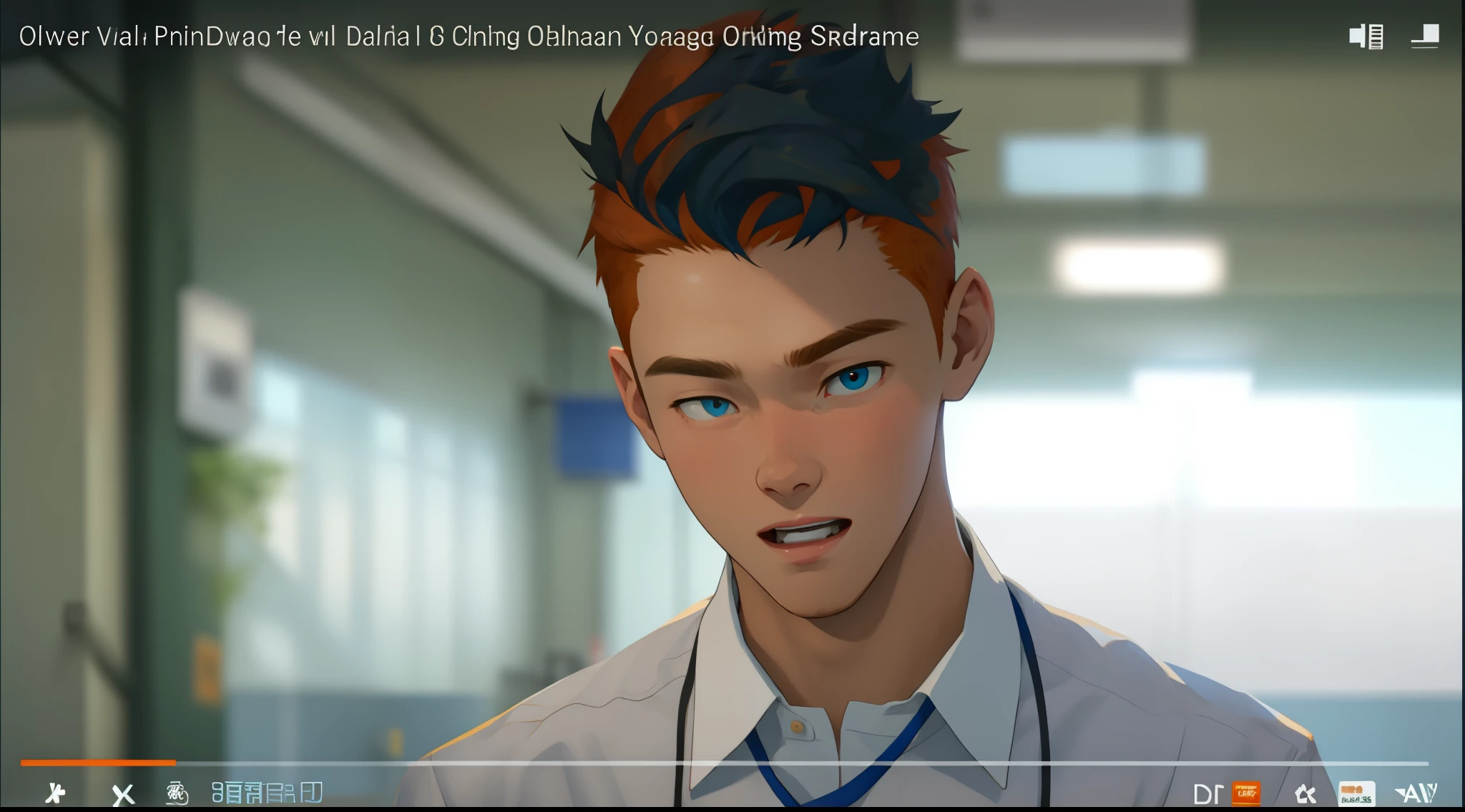 young student man 18 years old standing mocking gestures of disbelief orange hair blue clothes
