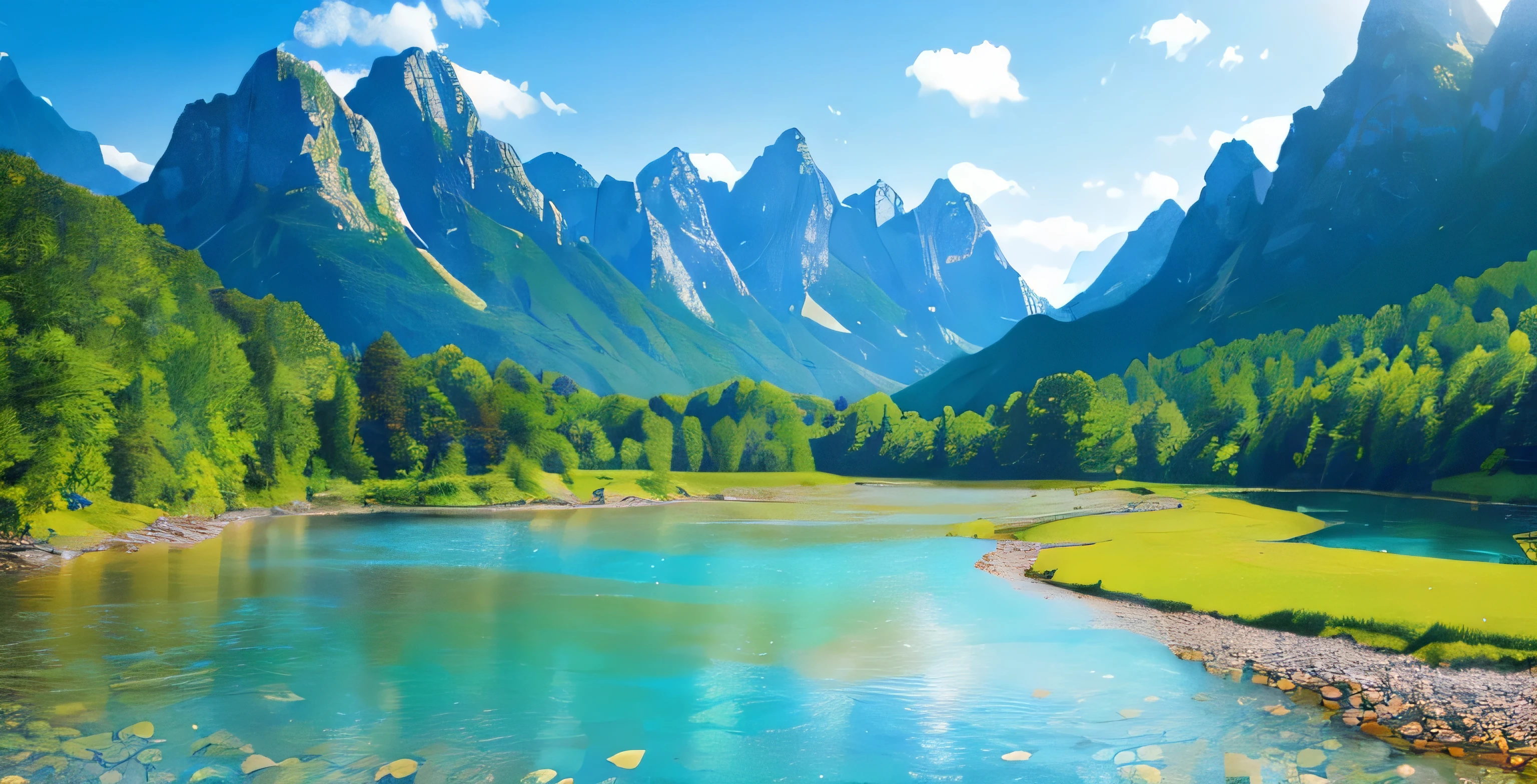 (highest quality,4k,8k,High resolution,masterpiece:1.2),super detailed,(realistic,photorealistic,photo-realistic:1.37),summer mountain river,peaceful landscape,clear water,sparkling sunlight,rich green,Water flowing with gentle ripples,refreshing breeze,peaceful atmosphere,birds chirping,Tranquility of nature,harmonious colors,pure natural beauty,Majestic mountain in the background々,Vibrant shades of blue and green,freshness in the air,sunlight filtering through the trees,sparkling water reflection,delicate wildflowers on the riverbank