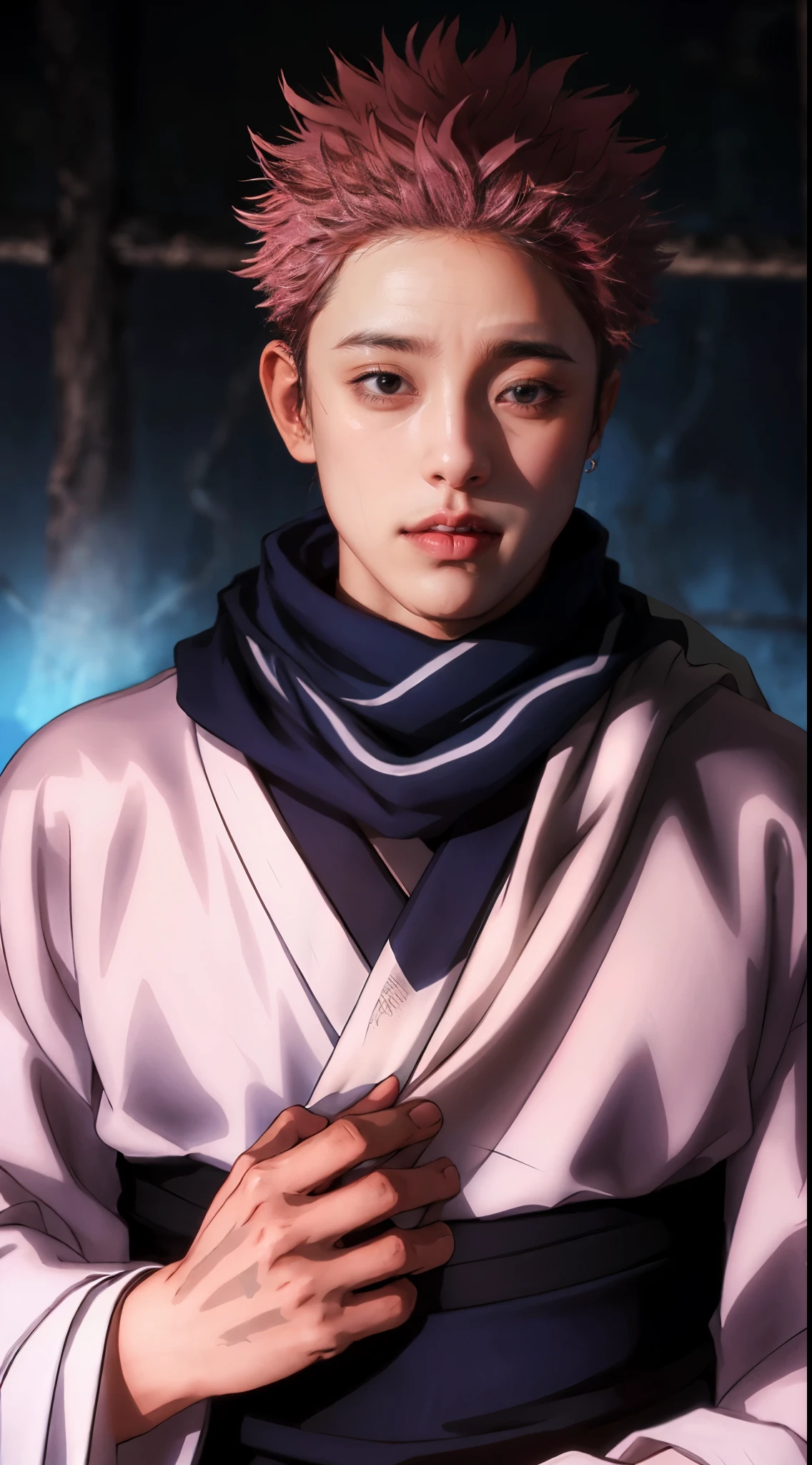 ((RyomenSukuna)),1man, blue scarf, japanese clothes, white kimono, wide sleeves, long sleeves, obi, tabi, zouri, upper body, ((solo)), 1man, detailed face, intricate eyes, film grain, smile evil,