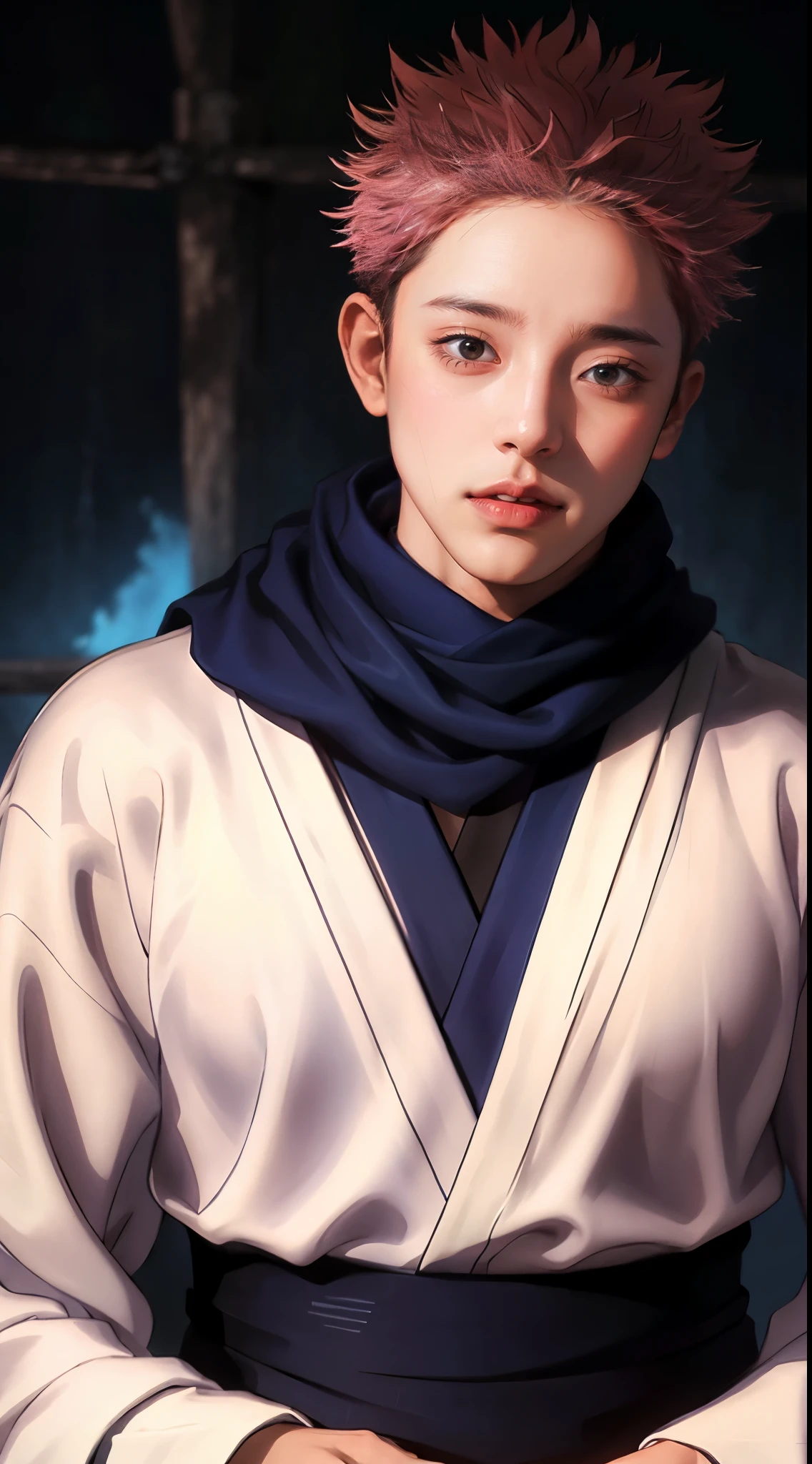 ((RyomenSukuna)),1man, blue scarf, japanese clothes, white kimono, wide sleeves, long sleeves, obi, tabi, zouri, upper body, ((solo)), 1man, detailed face, intricate eyes, film grain, smile evil,