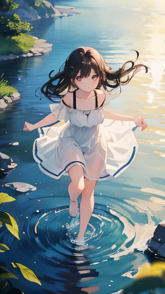 Beautiful cartoon-like CG illustration Beautiful girl Cute 17-year-old girl Long straight black hair White dress Her shoulders are exposed Water level up to her ankles Playing in river water Splashing water