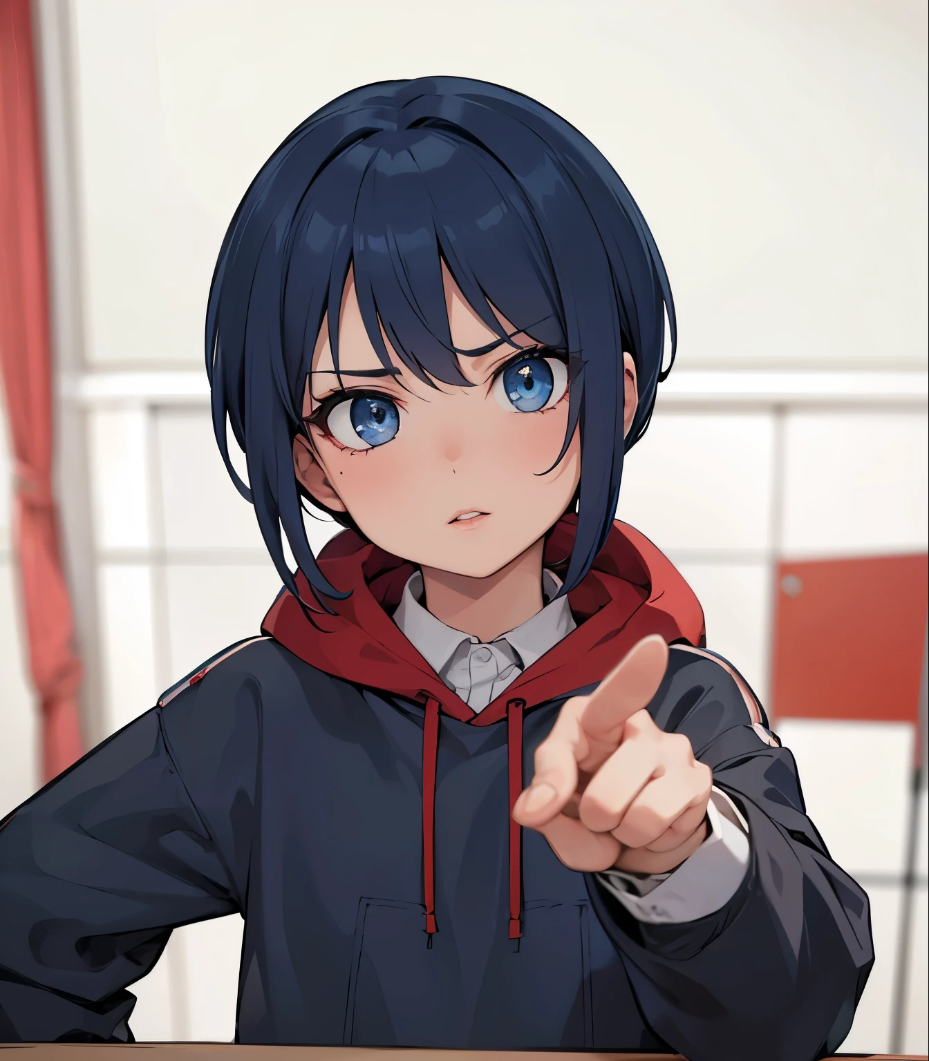 (masterpiece, best quality:1.4), (extremely detailed, 8k, uhd), cinematic shot, natural lighting, ultra highres, vibrant rich colors, (beautiful, aesthetic, perfect, delicate, intricate:1.2), (sharp focus, from front:1.3), eye level shot, 1girl, portrait of a anime girl, young, blue hair, (extremely hot, attractive, beautiful, sexy, feminine:1.2) serious expression, serious look, serious eyes, expressive blue eyes, long eyelashes, relaxed,(beautiful detailed face, highly detailed skin, blue eyes), gorgeous, breathtaking beauty, seductive, captivating, pale skin, perfect female figure, (slim:0.5), (highly saturated lipstick, luscious thick lips), intricate details, daytime, award winning photography, detailed school room background, volumetric fx, anime, hyper-detailed