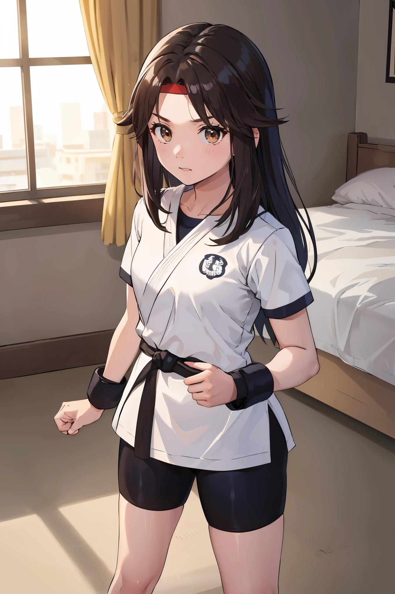 masterpiece,best quality, highres, ultra-detailed, perfect face, bbleaf, long hair, black hair, brown eyes, sidelocks, eyelashes, white dougi, white sleeves, short sleeves, black belt martial arts, bike shorts, room, bedroom, indoors, looking at viewers, standing, looking ahead,