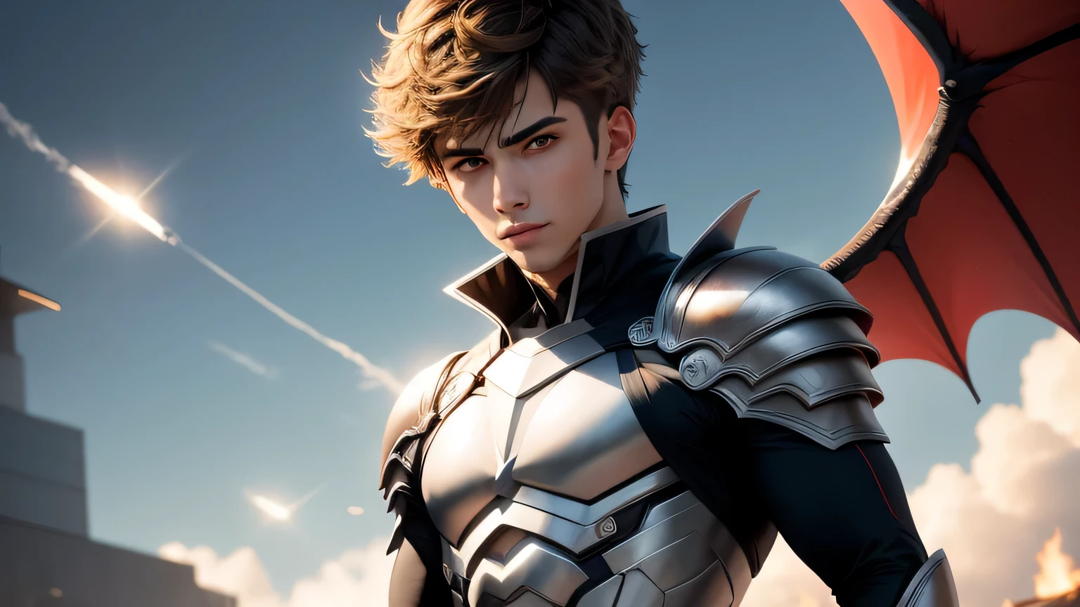 foto de cuerpo entero (Mejor calidad,high resolution,ultra detallado,4k:1.2),,  superhero,muestra cuerpo completo, Spanish boy, cuerpo delgado, muestra parte de su cuerpo en el traje, cuerpo definido,  dragon inspired costume, amarillo vibrante y verde lima(vistoso,llamativo),en el cielo del norte,mostrando inmensos poderes,attractive handsome Spanish boy,traje sexy, Good uncle, con dos alas de dragon abiertas en la espalda, fondo con fuego y llamas