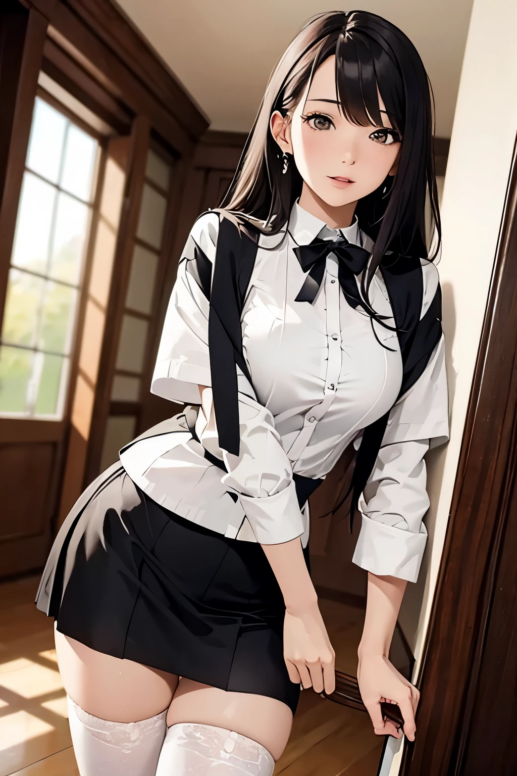 masterpiece, high quality, beautiful girl, waist shot, shirt, skirt suit