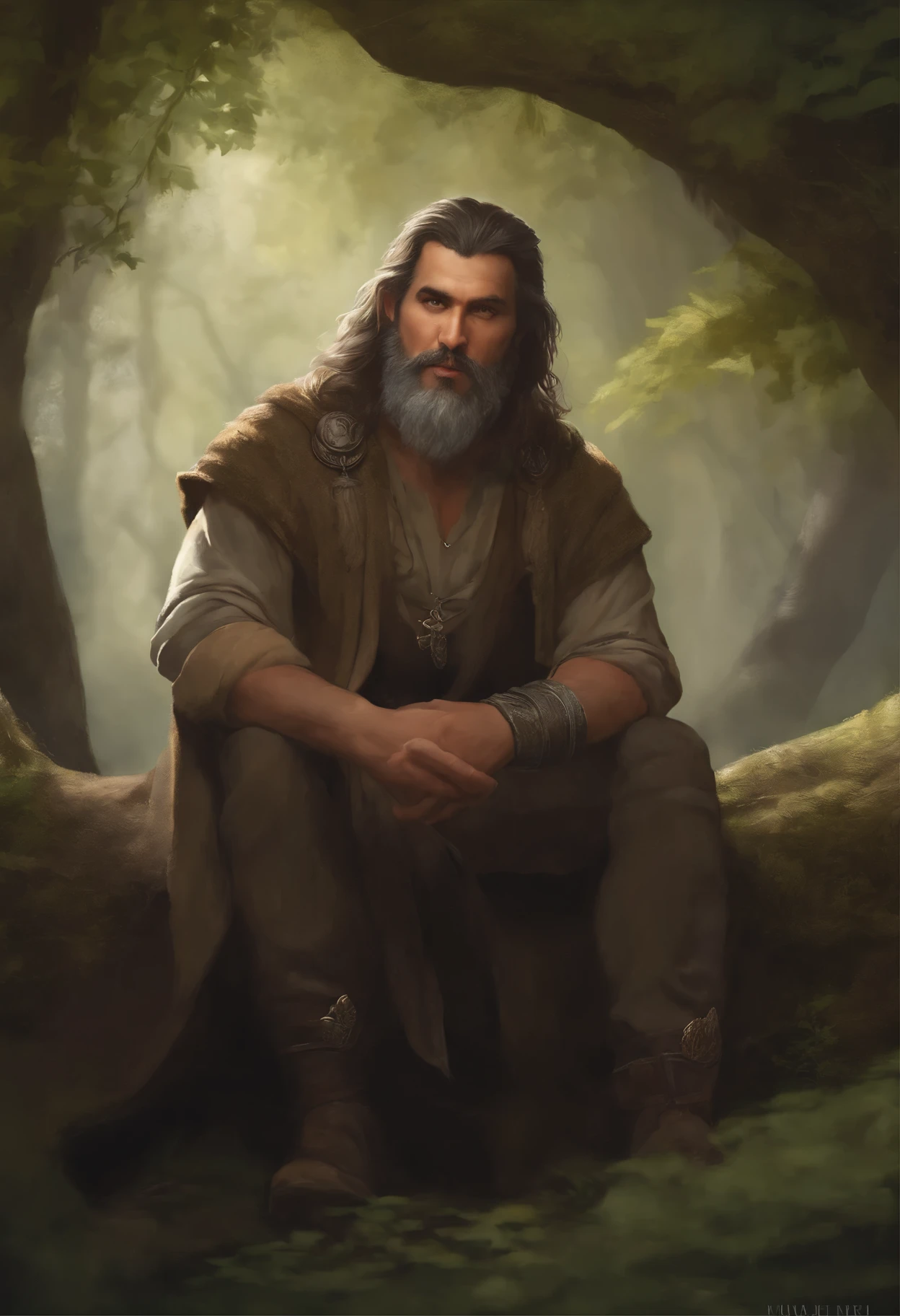 In this exquisite high angle portrait, a DnD druid man is depicted with an enchanting level of detail. Continued, this meticulously crafted image is presented in HD, showcasing the oil painting technique with a subtle texture of 1.1. The comic book art style is accentuated through the inked outline, which adds a striking 1.3 depth and dimension to the stunning character portrait.

Looking sideways, the druid's angular features are beautifully rendered with a painterly style reminiscent of the artistic genius, Jean Baptiste Monge. His dark grey graduated bob hair complements the muted natural colors of the portrait, creating a captivating contrast.