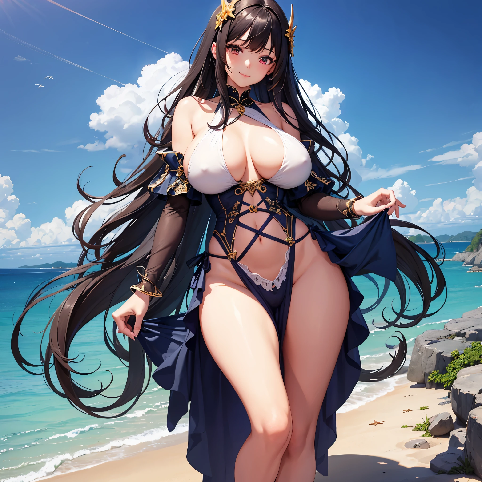 Girl, large dress, cute smile, big breast, wide hips, tiny waist, big thighs, big ass, long hair, long legs, anatomically perfect body, detailed hands, detailed nails, detailed image, detailed body, masterpiece, work of art, intrincate image, colorful image, beach, anime,