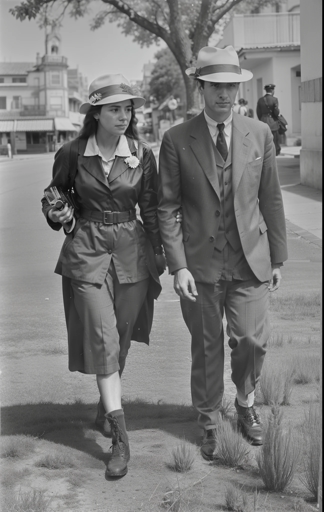 hombre y mujer arafed caminando en una calle, Alice Hunt y Peter Hurd, hombre y mujer caminando juntos, 1 9 4 0, 1940, septiembre de 1937, foto granulada en blanco y negro, damaged grainy photo, 1946, 1 9 4 6, berenice abbott & juan j.. Parque