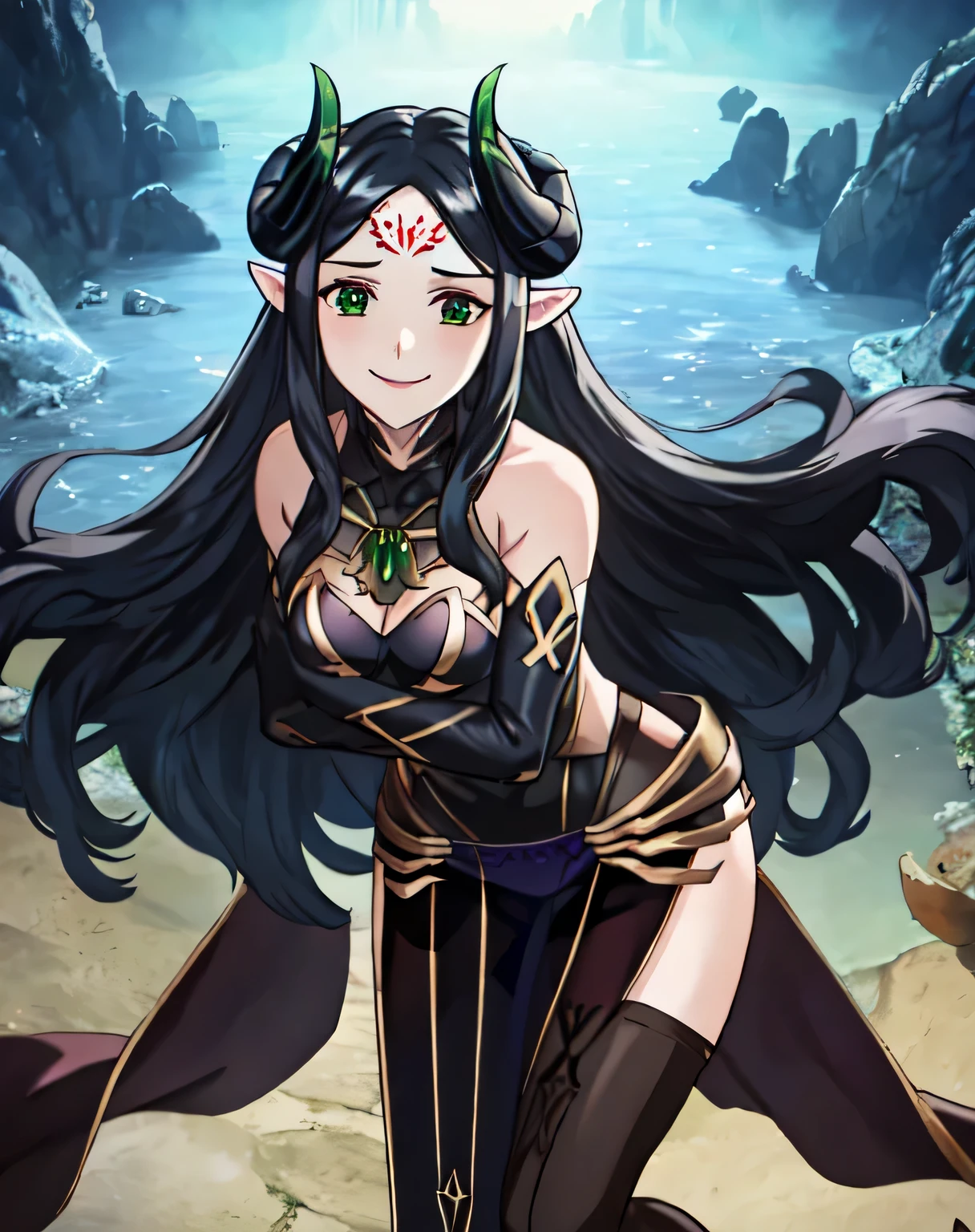 SHAMKR, BLACK HORNS, DEMON HORNS, very long hair, parted hair, green eyes, red pupils, slit pupils, forehead mark, black gloves, black leotard, gold trim, detached collar, black gloves, elbow gloves, thigh boots, black thigh boots, see-through, pelvic curtain, black faulds, 1girl, solo, upper body, facing viewer, (looking at viewer:1.5), in the center, evil smile,