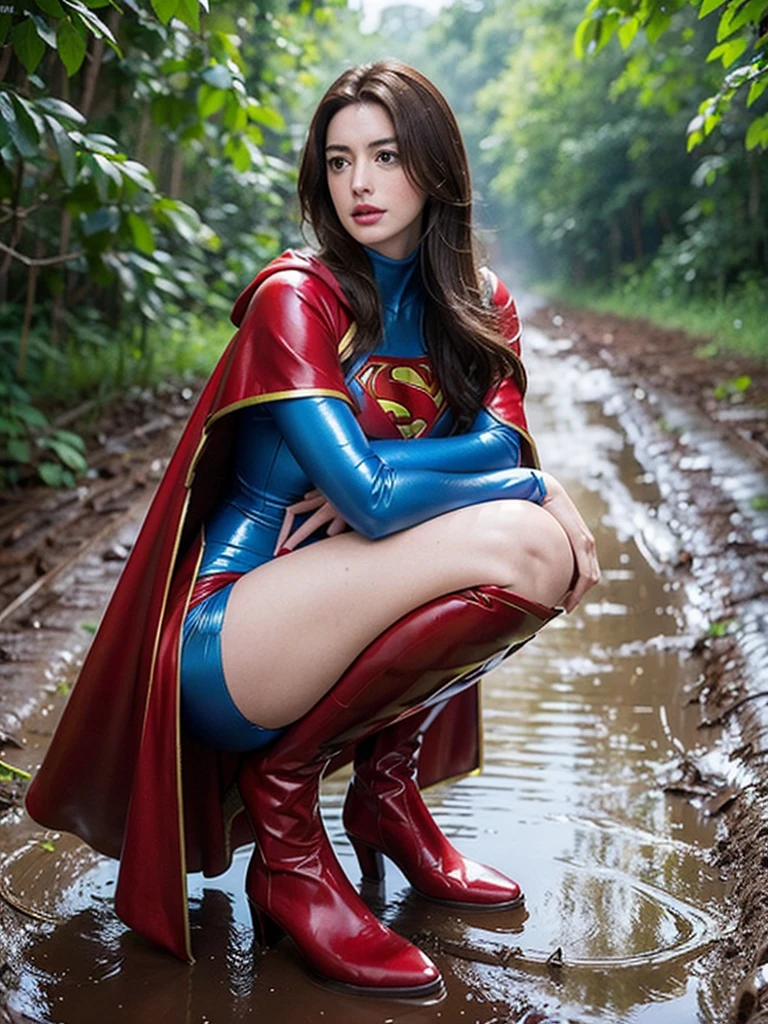 Anne Hathaway has long brown hair,White skin,Big breasts and butt,long legs,slender legs,Wearing a blue shiny full-coverage tight-fitting Superman suit,Red over-the-knee boots,red cloak,,Squatting on a muddy dirt road,Body facing the camera,Clothes covered with mud stains,Realistic style,full body picture