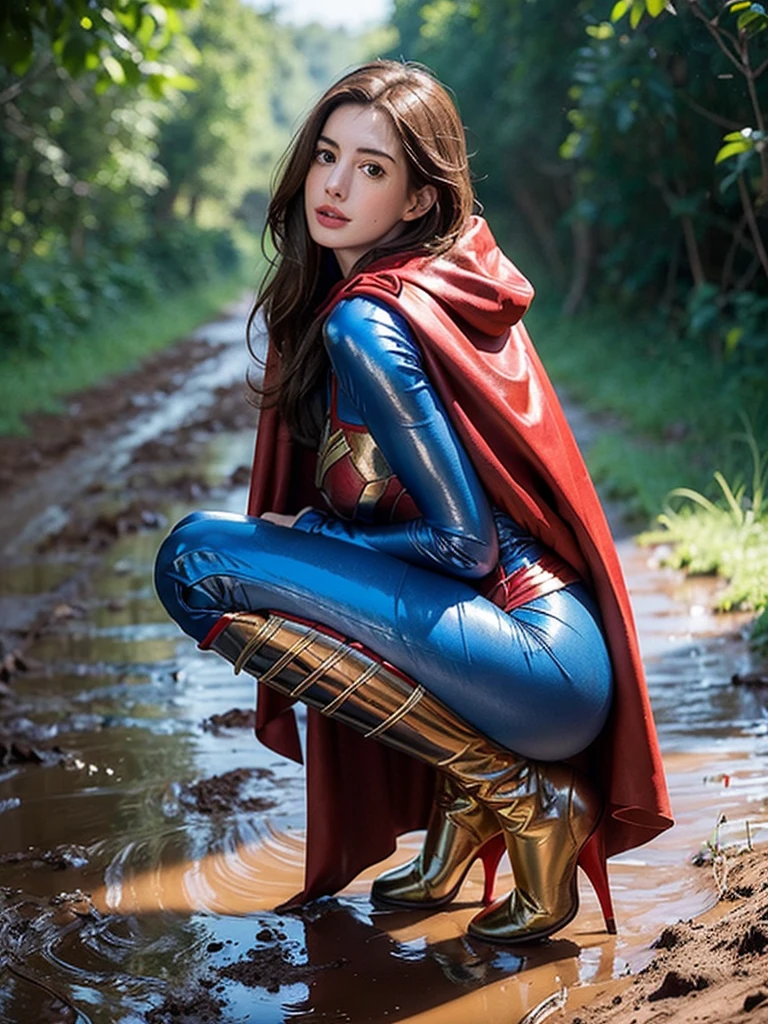 Anne Hathaway has long brown hair，White skin，Big breasts and butt，long legs，slender legs，Wearing a blue shiny full-coverage tight-fitting Superman suit，Red over-the-knee boots，red cloak，，Squatting on a muddy dirt road，Body facing the camera，Clothes covered with mud stains，Realistic style，full body picture
