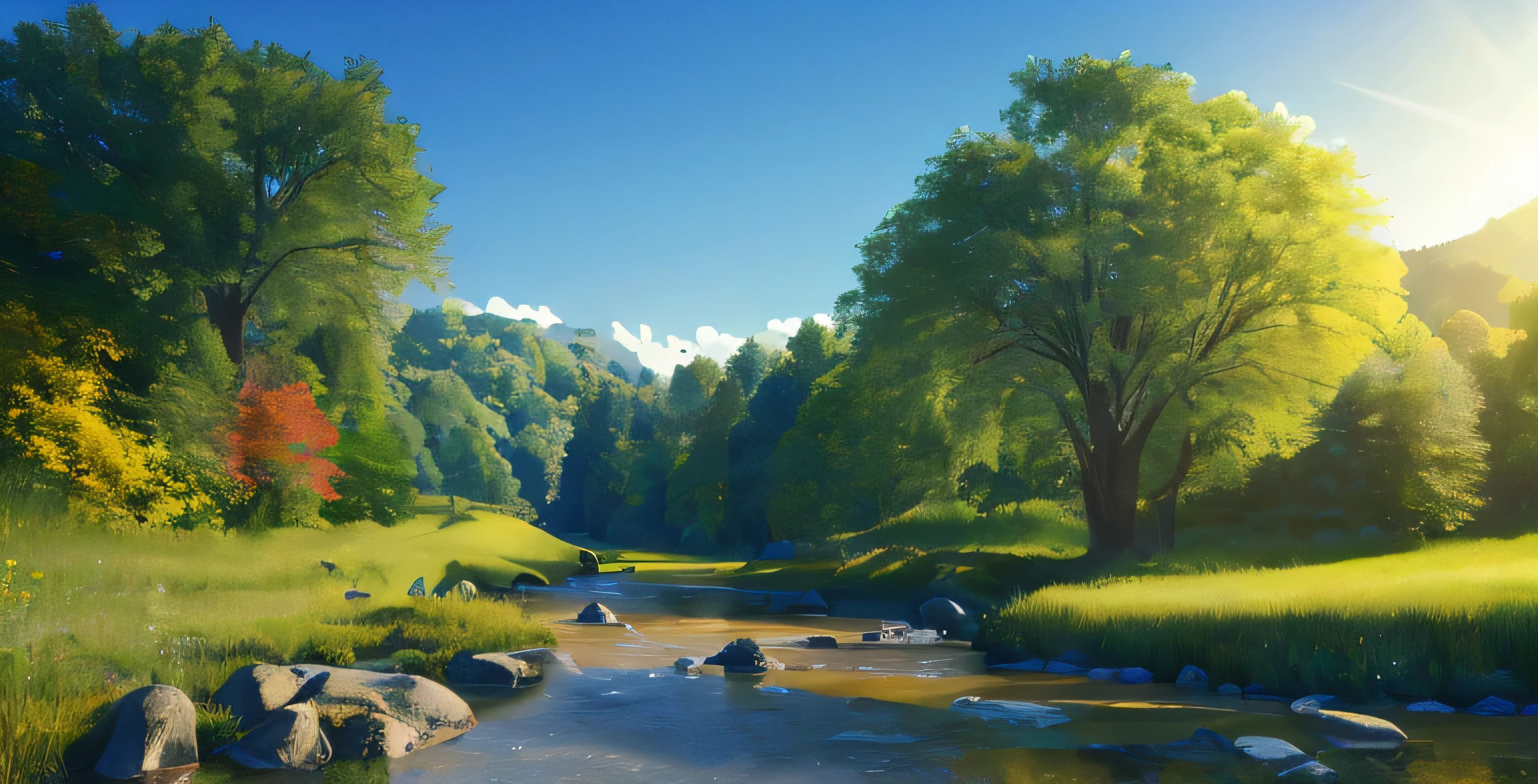 beautiful scenery,Sunlit river flowing through green fields,refreshing breeze,gently swaying tree々,Bright colorsで咲く花,reflected in the clear water,green grass on the riverbank,Shining sunlight shining through the leaves,Clear blue sky and fluffy white clouds,(highest quality,4k,8k,High resolution,masterpiece:1.2),super detailed,realistic:1.37,HDR,Hmm,studio lighting,Physically based rendering,Bright colors,warm and vibrant palette,soft and gentle lighting