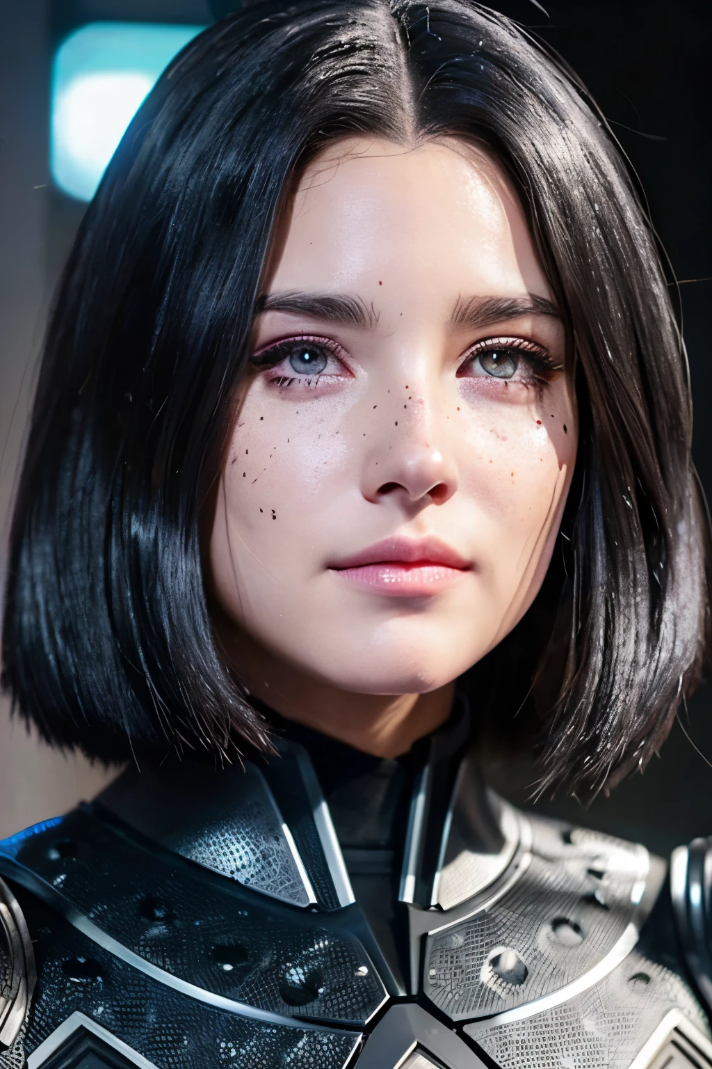 Woman with wavy black hair and purple eyes, black alien armor, freckles, blush, eye shadow, cute face