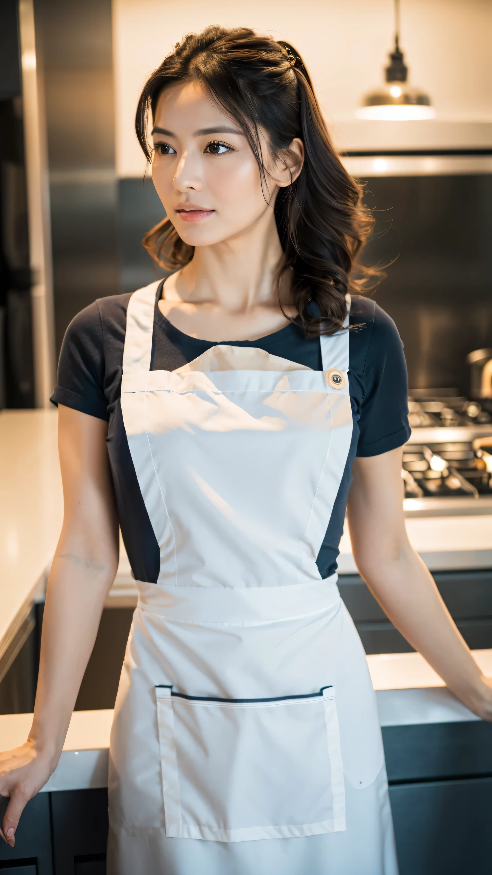 ((RAW photograph, Realistic photo, Best quality, 8K, Masterpiece: 1.3)), (raw photo:1.2), Hyperrealist portrait gorgeous Beautiful Chinese mature woman, 30 years old, (milf), very detailed eyes and face, (delicate face, natural makeup: 1.3, blushing), beautiful detailed eyes, seductive sharp eyes, smooth white skin, photo realistic, very detailed faces, ((apron: 1.3)), (long legs: 1.2, beautiful long nails), loose curls hairstyle, ((standing poses)), (modern kitchen background)